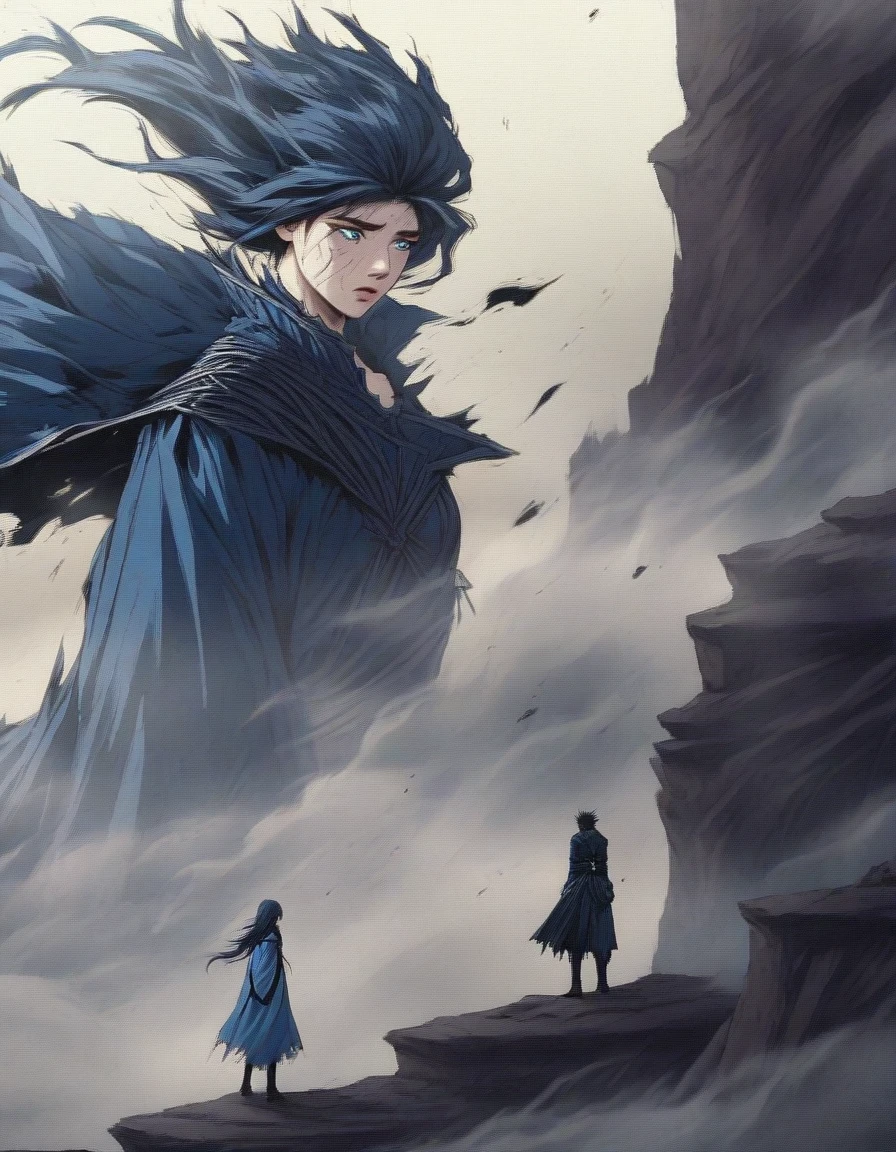 （Close-up of an anime character boss with blue hair and blue eyes standing on a cliff），long hair，big eyes resolute，tears ,Slash demons and remove demons，handsome guy, wearing blue clothing，Flying clothes，Strong wind，Dense fog，blue ark night,  Fine details blue theme，