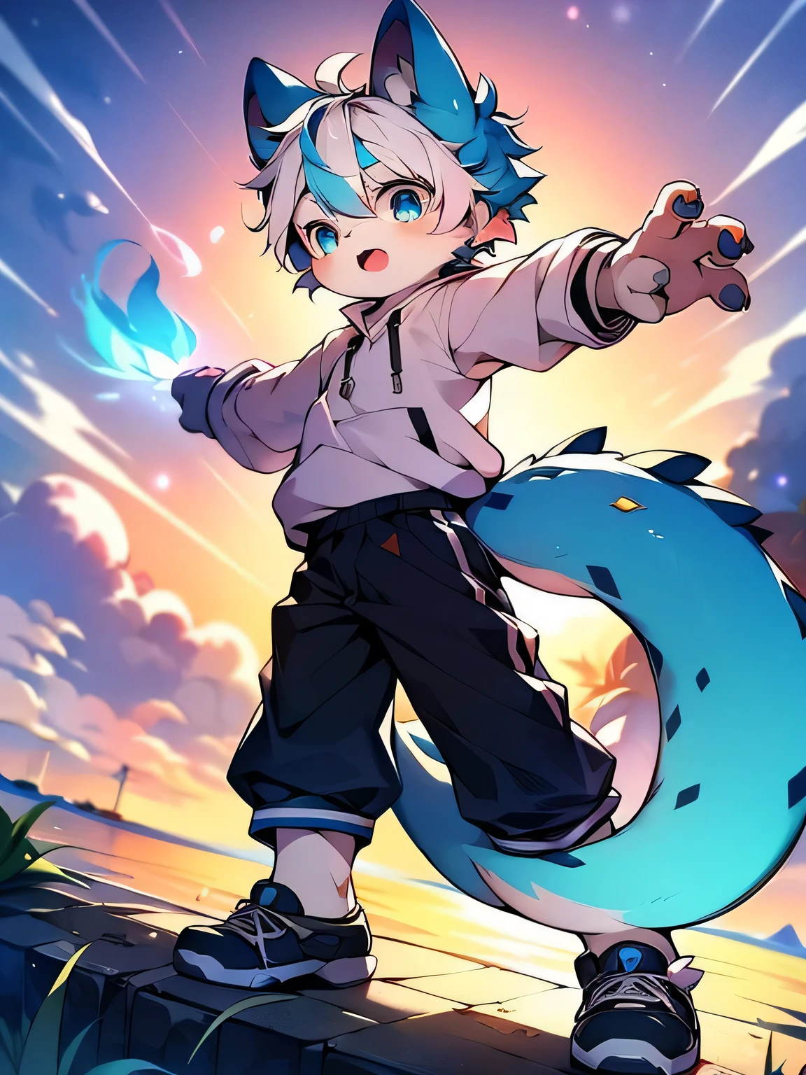 blue hair，white hair，blue dragon tail，There is white fluff at the end of the tail，Wearing a blue and white sweatshirt，hairy，God of Art Super Top Quality, super detailed, High resolution, Anime cute art style, The best anime, 8K, Kona sauce wallpaper, Pixiv Contest Winners, perfect ???????, , (Energetic teenager, 13 years old:1.3), High resolution详细的头发，Blue and white wide leg pants，on the street，blue sky，sunset，The iris and pupil are well proportioned，blue pupils