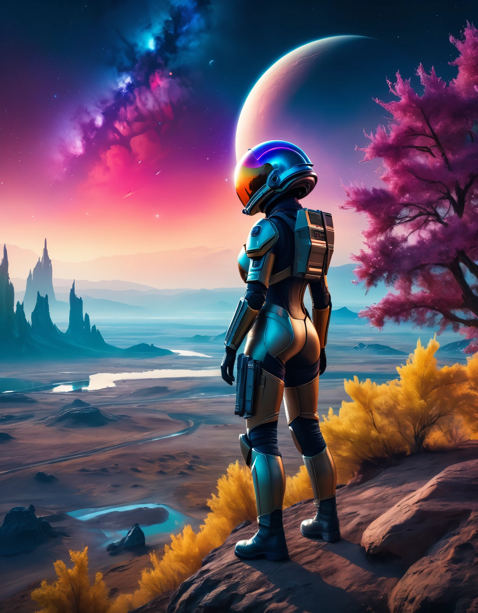 (best quality,4k,8k,highres,masterpiece:1.2),realistic photo, sci-fi alien landscape, young woman, natural proportions, space military suit fitted to her body, space helmet with visor, she stands with her back to the viewer, one leg leaning against a large rock, she stands on a steep ridge and observes a beautiful space city, she is holding a gun, a squad of space marines is visible, they are walking to a shuttle visible in the distance, colorful night sky, alien planet, some strange trees, small lake, film grain, depth of field, hdr