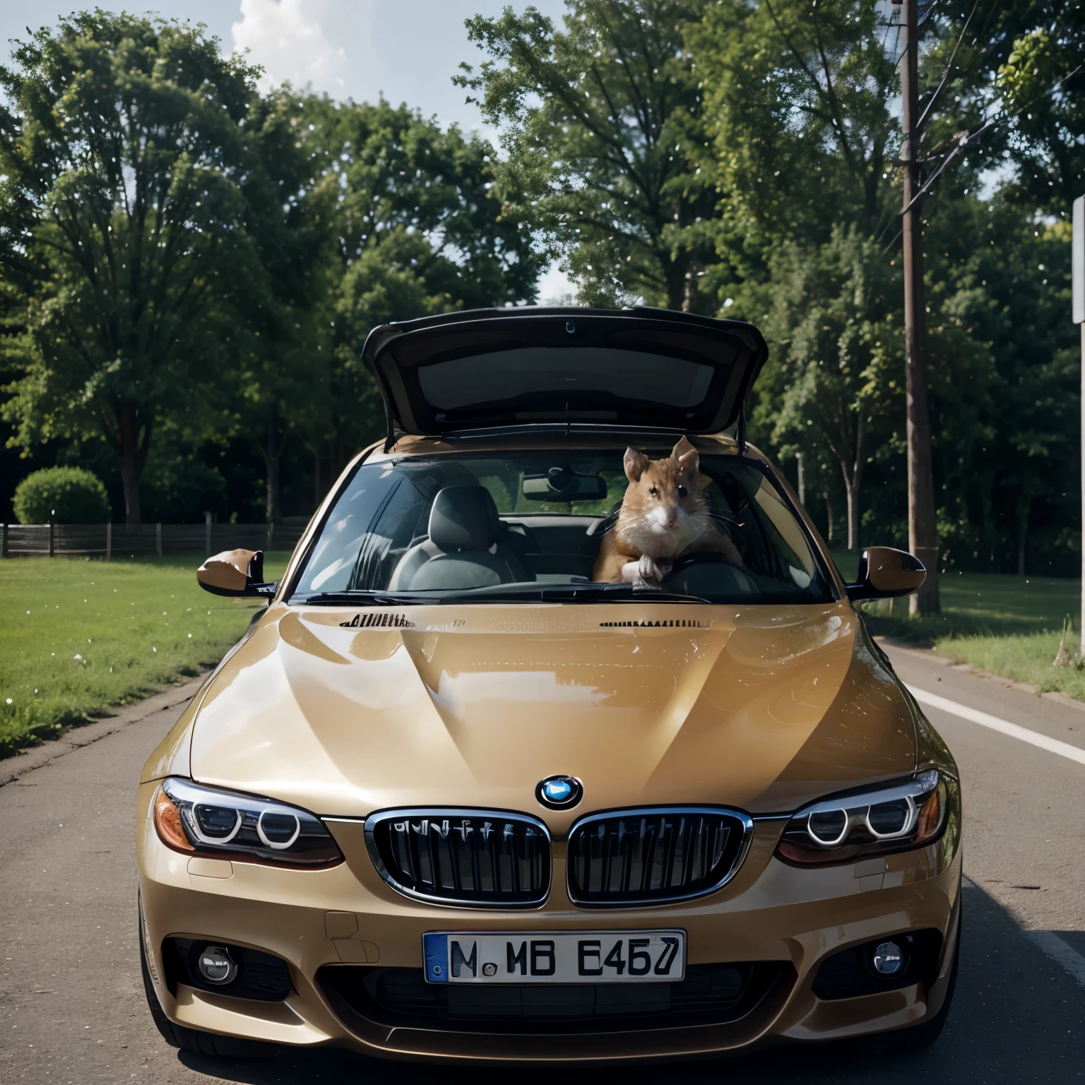 Hamster driving a BMW, outside view of the car, so that the hamster can be seen