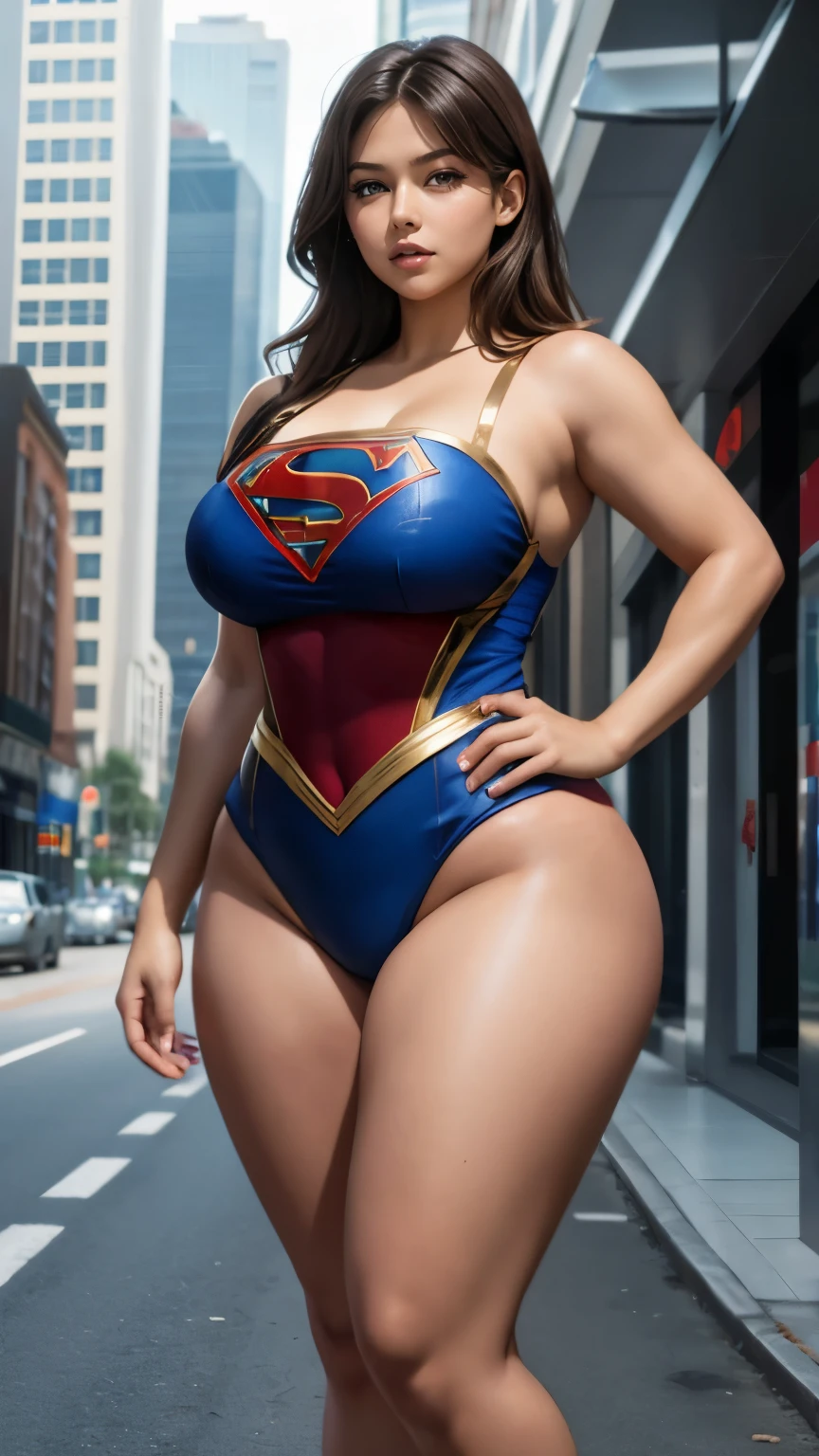 Supergirl, wide hips, curvy, long legs, big ass, beautiful eyes, beautiful, full body, thick high, sexy swimsuit outfit, background city