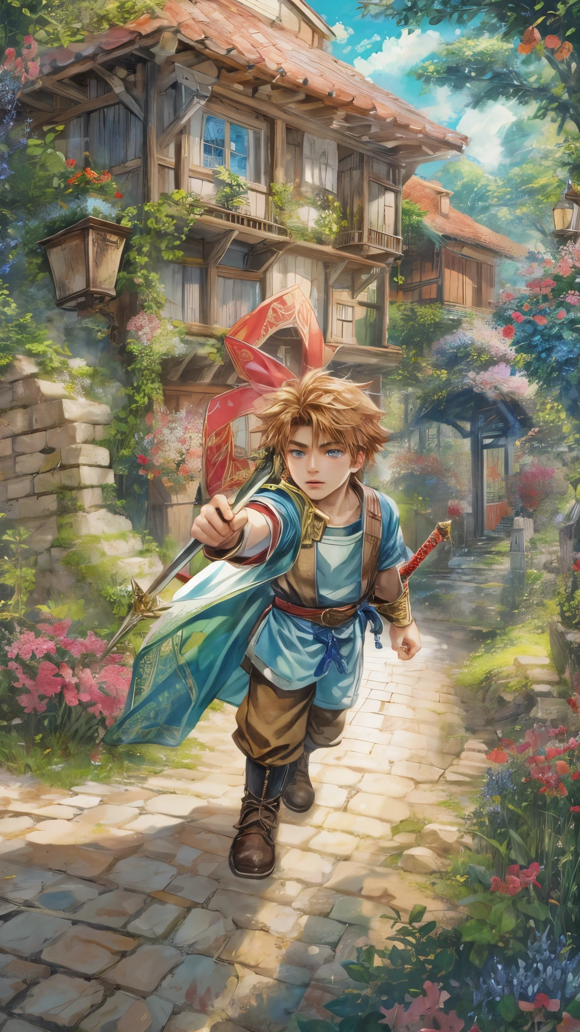 (absurdres, highres, ultra detailed, HDR), masterpiece, best quality, portrait of a young boy character from "Sword of Mana", a male hero in a detailed scenery town of topple, detailed background scenery