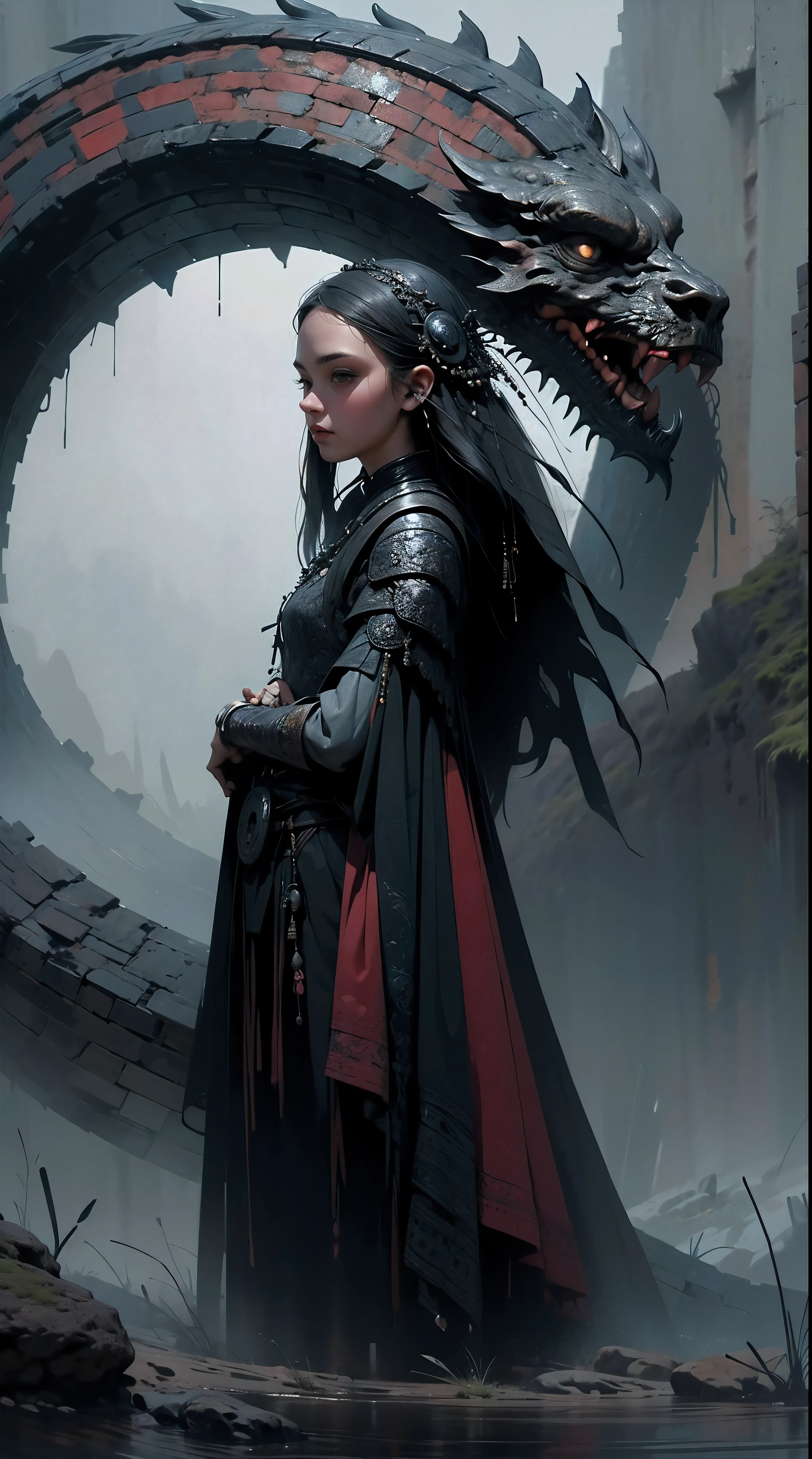 beautiful warrior girl with dragon, Best quality, masterpiece, super high resolution, (realism: 1.4) Dark colors, gloomy, grim, foggy