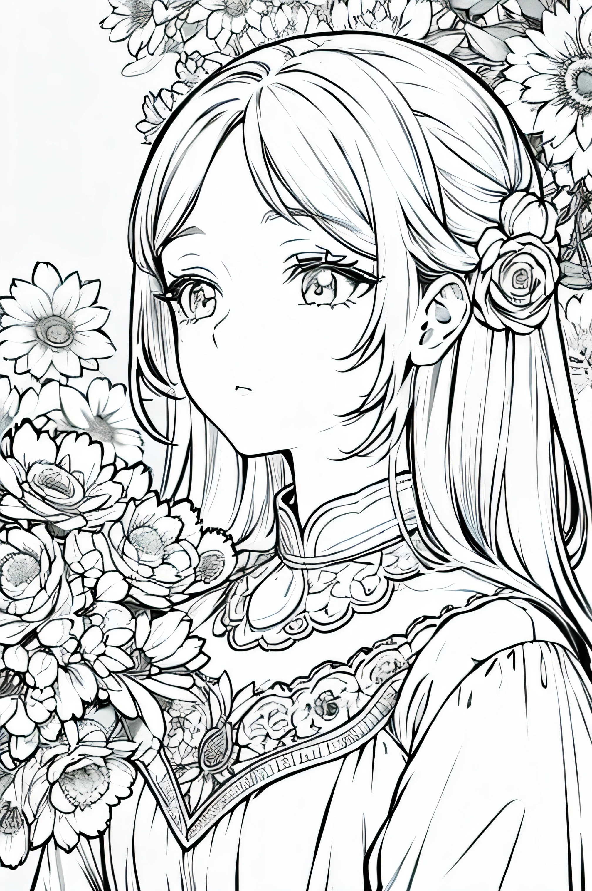 best quality, high resolution, detailed background, high contrast, 1 girl cute, dress, close-up of the head, floral background, clean line drawings, vibrant colors

