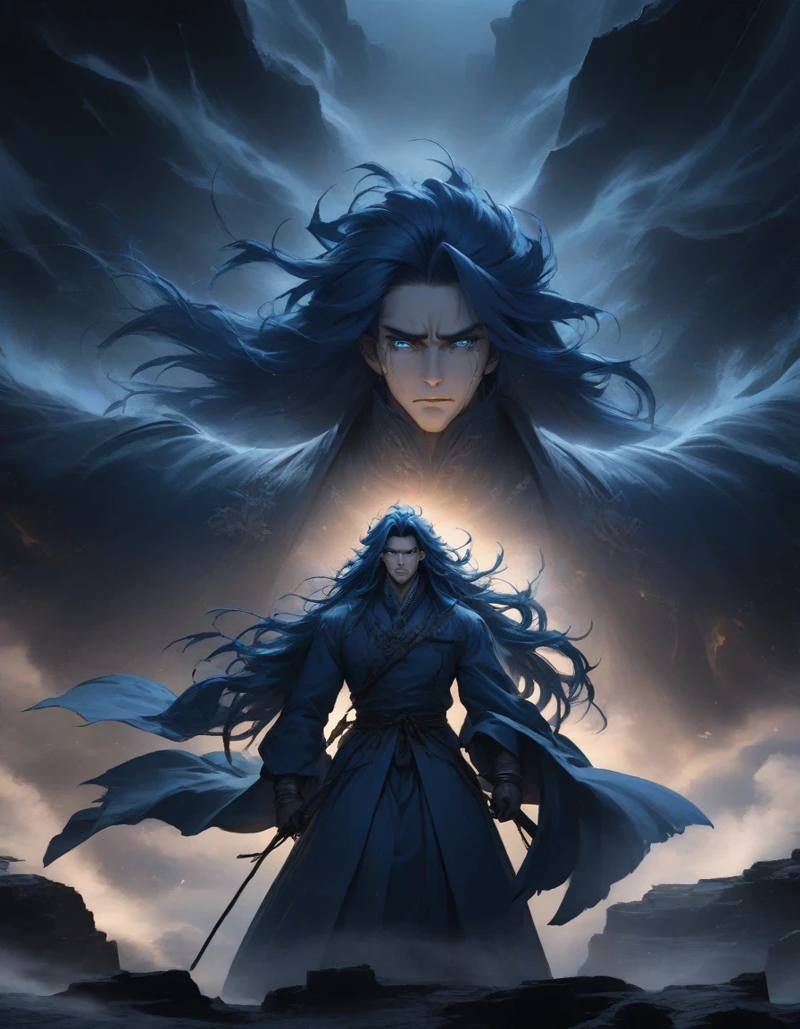 （Close-up of an anime character boss with blue hair and blue eyes standing on a cliff），long hair，big eyes resolute，tears ,Slash demons and remove demons，handsome guy, wearing blue clothing，Flying clothes，Strong wind，Dense fog，blue ark night,  Fine details blue theme，