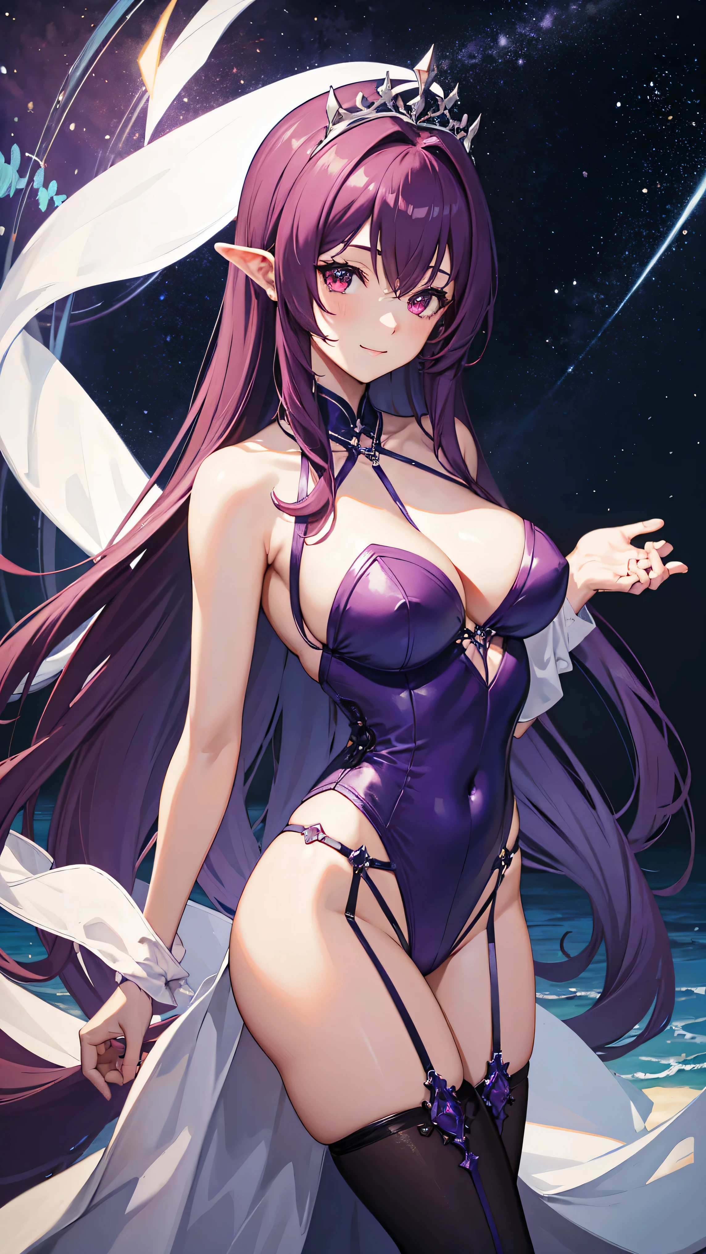 best quality, masterpiece, highres, solo, {night:1.10}, {starry sky:1.10}, beach, beautiful detailed sky, {extremely detailed background:1.20}, {scathach_skadi_fgo:1.15}, {standing:1.10}, looking at viewer, {sexy purple bikini}, long_hair, purple_hair, red_eyes, bangs, hair_between_eyes, breasts, large_breasts, tiara, ribbon, smile, jewelry, light smile