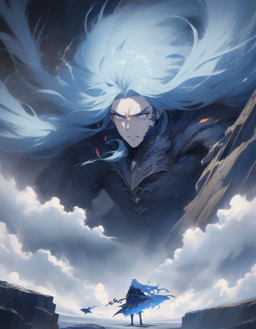 (Close-up of an anime character boss with blue hair and blue eyes standing on a cliff),long hair,big eyes resolute,tears ,Slash demons and remove demons,handsome guy, wearing blue clothing,Flying clothes,Strong wind,Dense fog,blue ark night, Fine details blue theme,