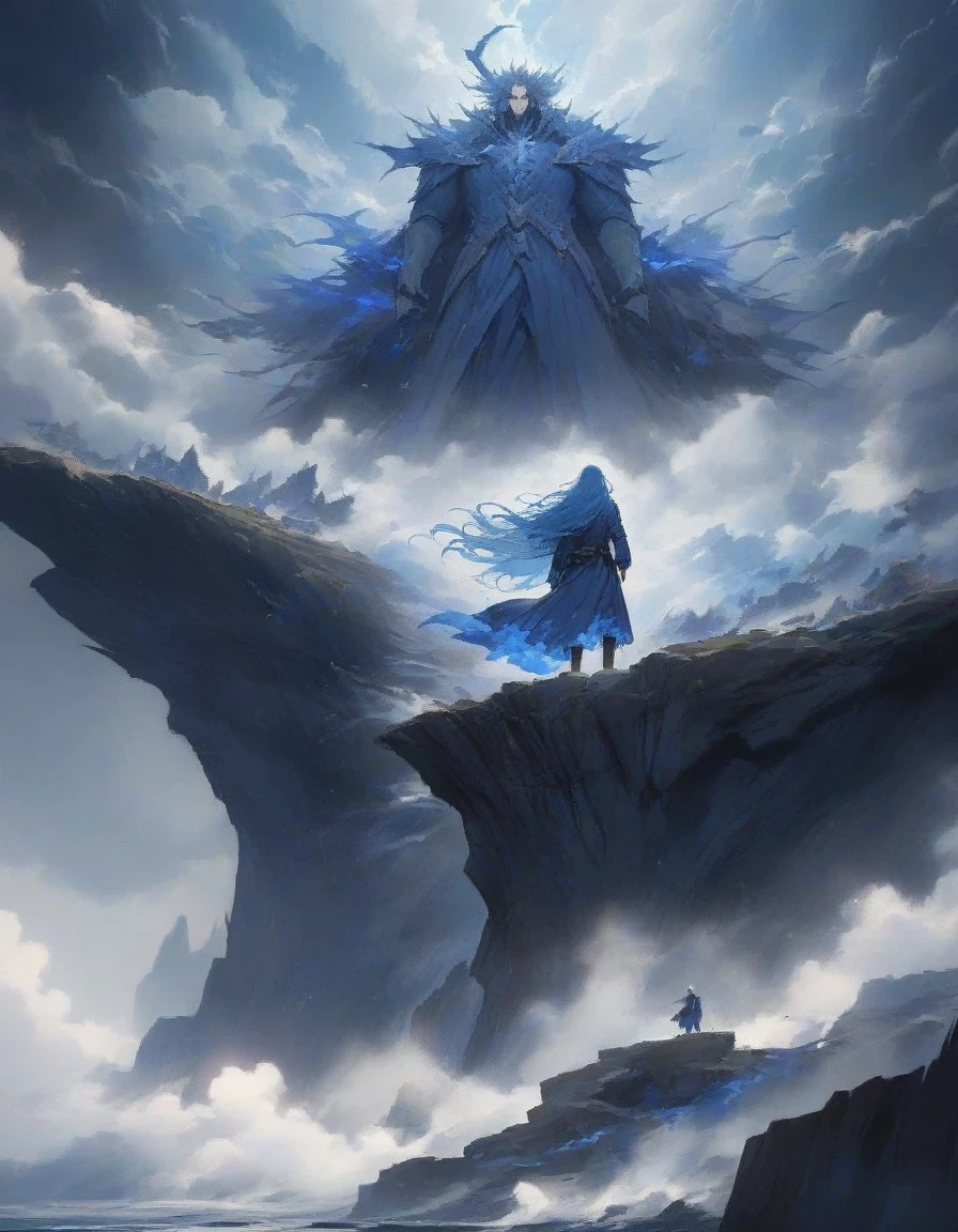 (Close-up of an anime character boss with blue hair and blue eyes standing on a cliff),long hair,big eyes resolute,tears ,Slash demons and remove demons,handsome guy, wearing blue clothing,Flying clothes,Strong wind,Dense fog,blue ark night, Fine details blue theme,