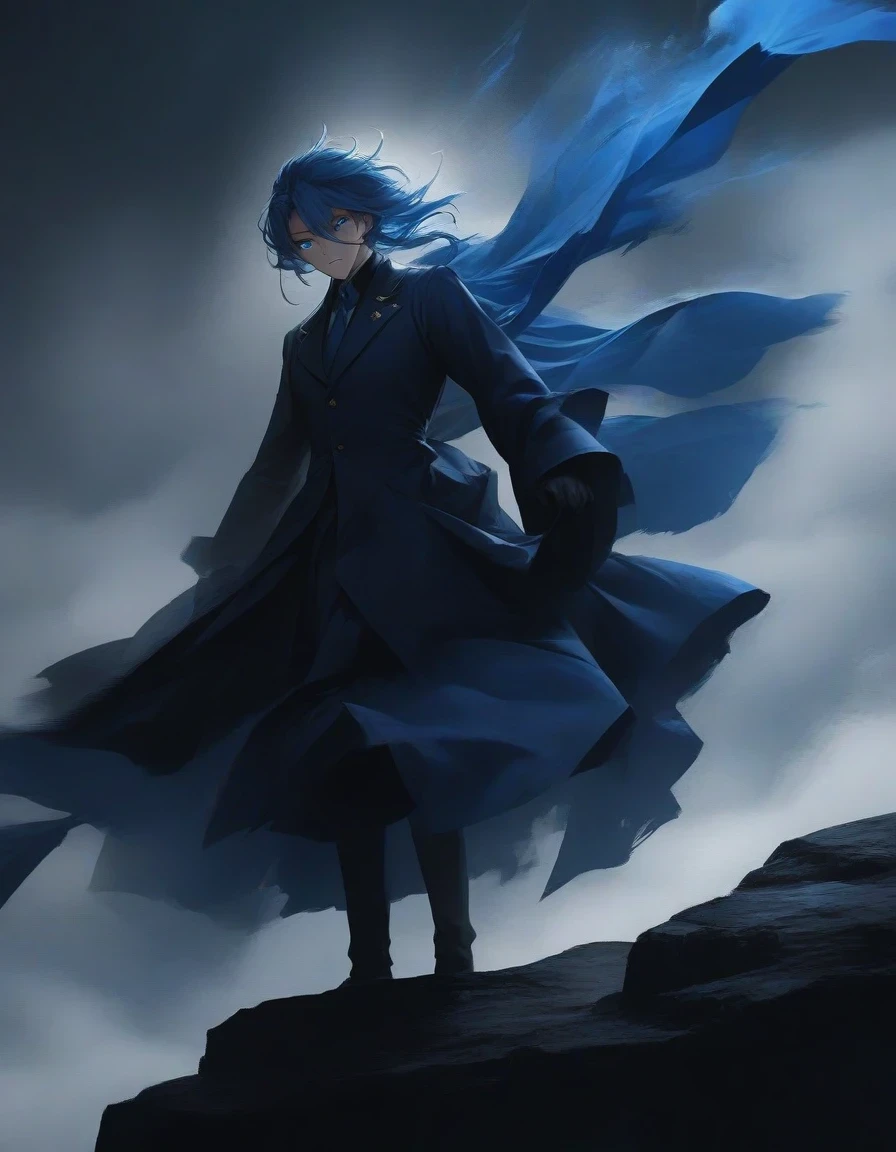 （A close-up of an anime character domineering president with blue hair and blue eyes sitting on a cliff, wearing blue clothing，Flying clothes，Strong wind，Dense fog，blue ark night,  Fine details blue theme，