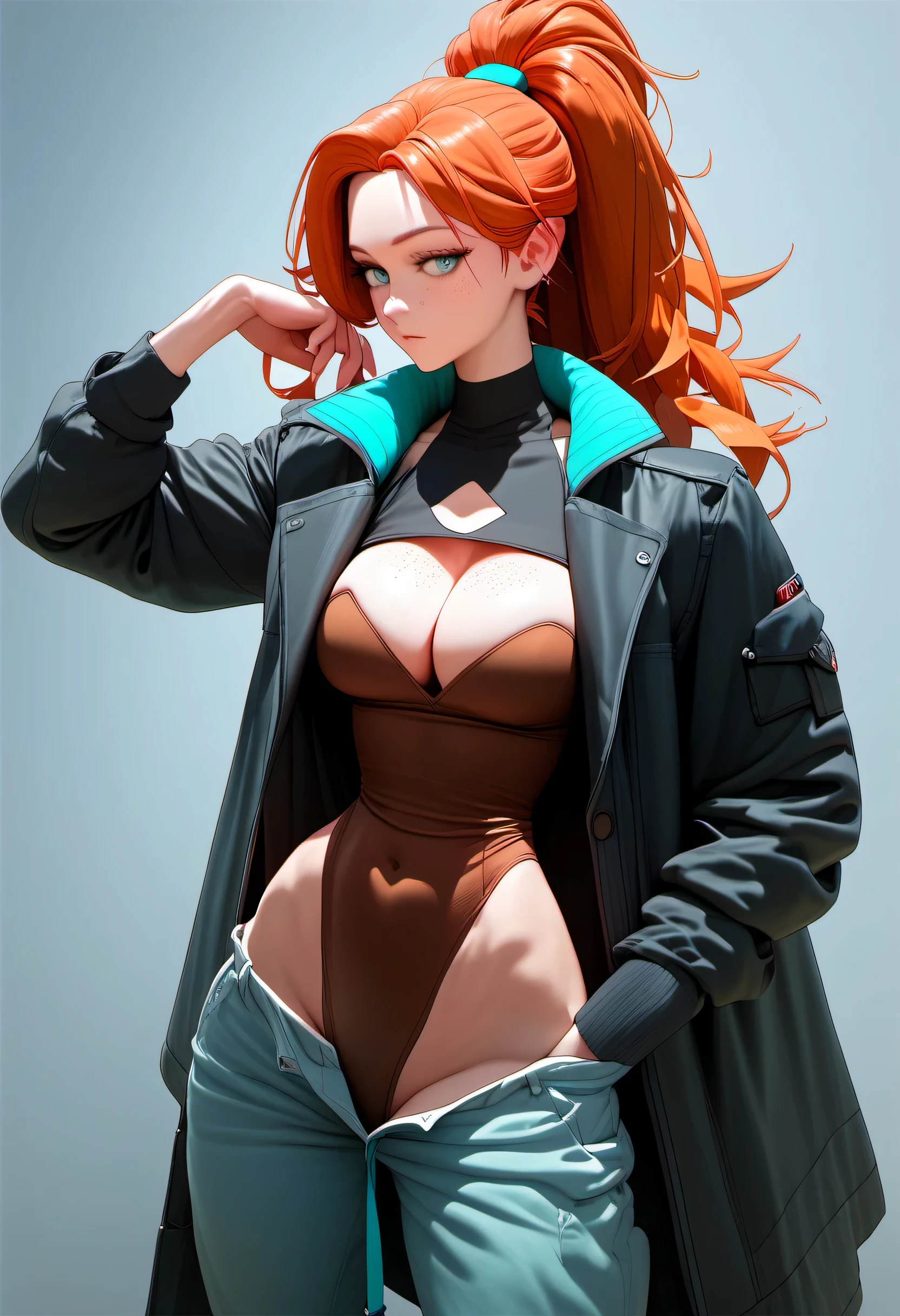 score_9, score_8_up, woman, orange hair, freckles, solo, hand in pocket, black jacket, leotard, waist cutout, loose pants, pants around legs, seductive eyes, cleavage, mint eyes, high ponytail