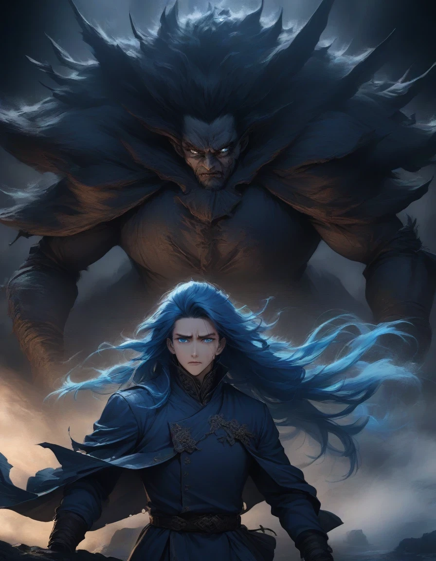 （Close-up of an anime character boss with blue hair and blue eyes standing on a cliff），long hair，big eyes resolute，tears ,Slash demons and remove demons，handsome guy, wearing blue clothing，Flying clothes，Strong wind，Dense fog，blue ark night,  Fine details blue theme，