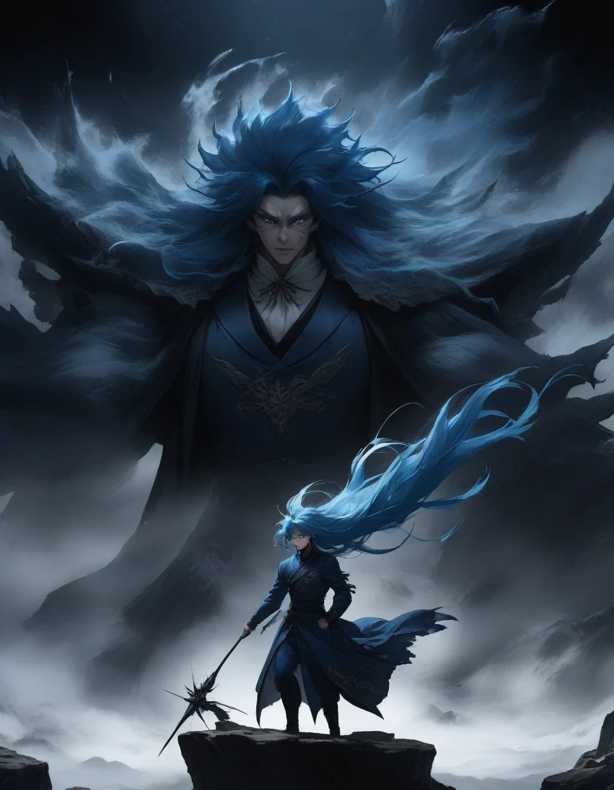 （Close-up of an anime character boss with blue hair and blue eyes standing on a cliff），long hair，big eyes resolute，tears ,Slash demons and remove demons，handsome guy, wearing blue clothing，Flying clothes，Strong wind，Dense fog，blue ark night,  Fine details blue theme，