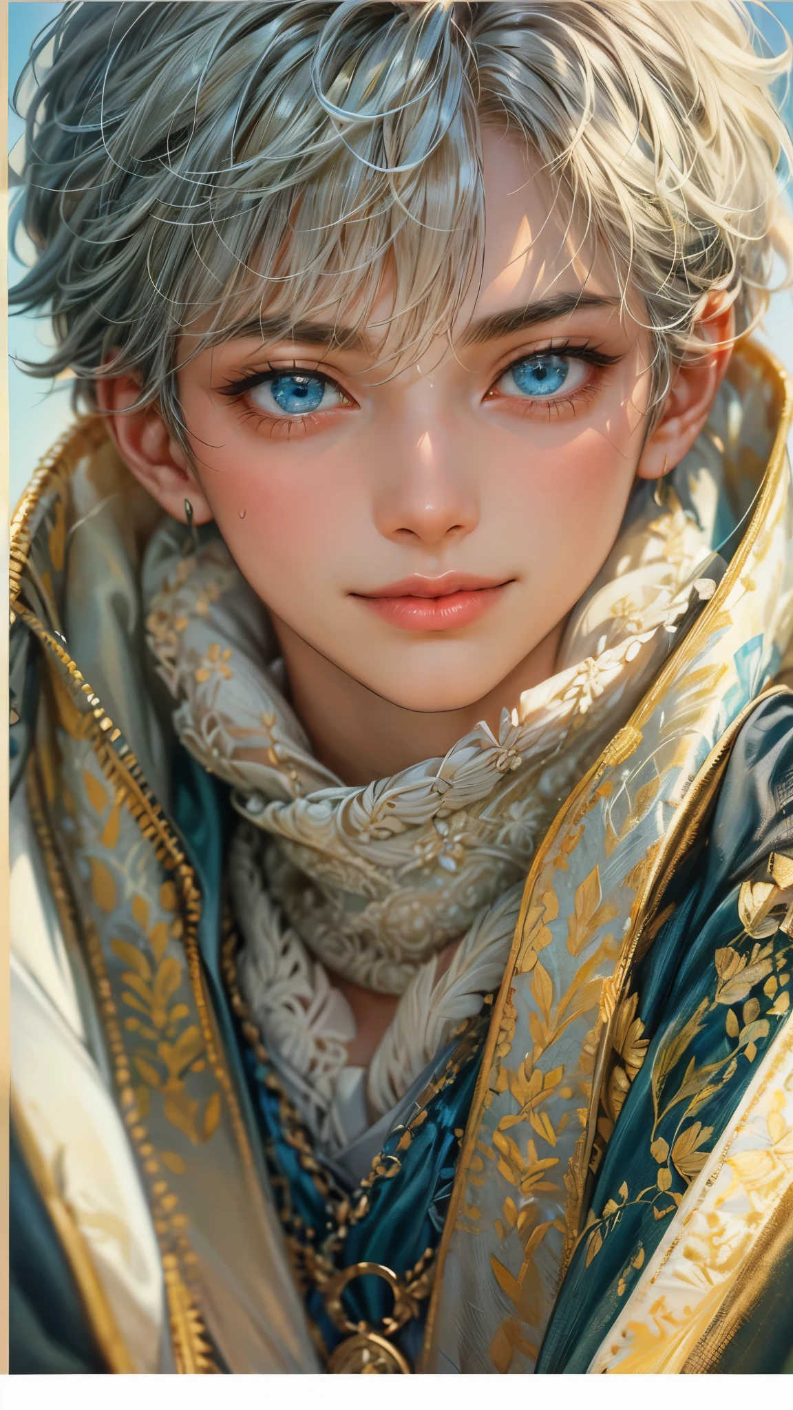 Portrait of the highest quality - 1 boy., 17 years, age, character from game of thrones, short hair, with golden strands, azure blue big eyes, lake, Solo-focal facial treatment for teens, shirtless , Beautiful, smiling, dynamic pose, detailed and correct facial structure, perfect face, extremely detailed, Dynamic angle, cowboy shot, The Most Beautiful Shape, elegant, Bright colors, romanticism, atmospheric. Bright, contrasting colors ! photo portrait of a handsome boy in the highest quality