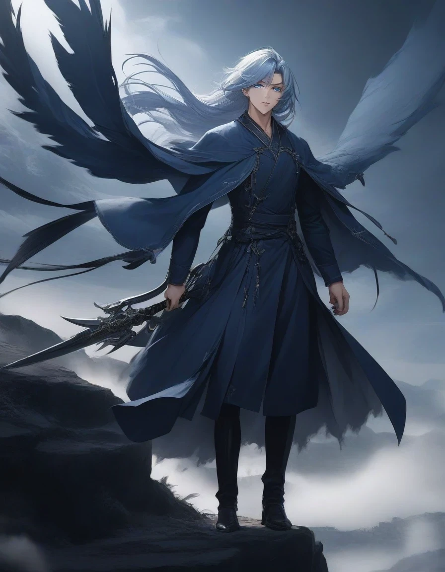 （An anime character with blue hair and blue eyes sits on a cliff，silver hair，long hair，A resolute knight with big eyes ,Handsome guy in the art of slaying demons, wearing blue clothing，Flying clothes，Strong wind，Dense fog，blue ark night,  fine details., Azure Lane style, blue theme，