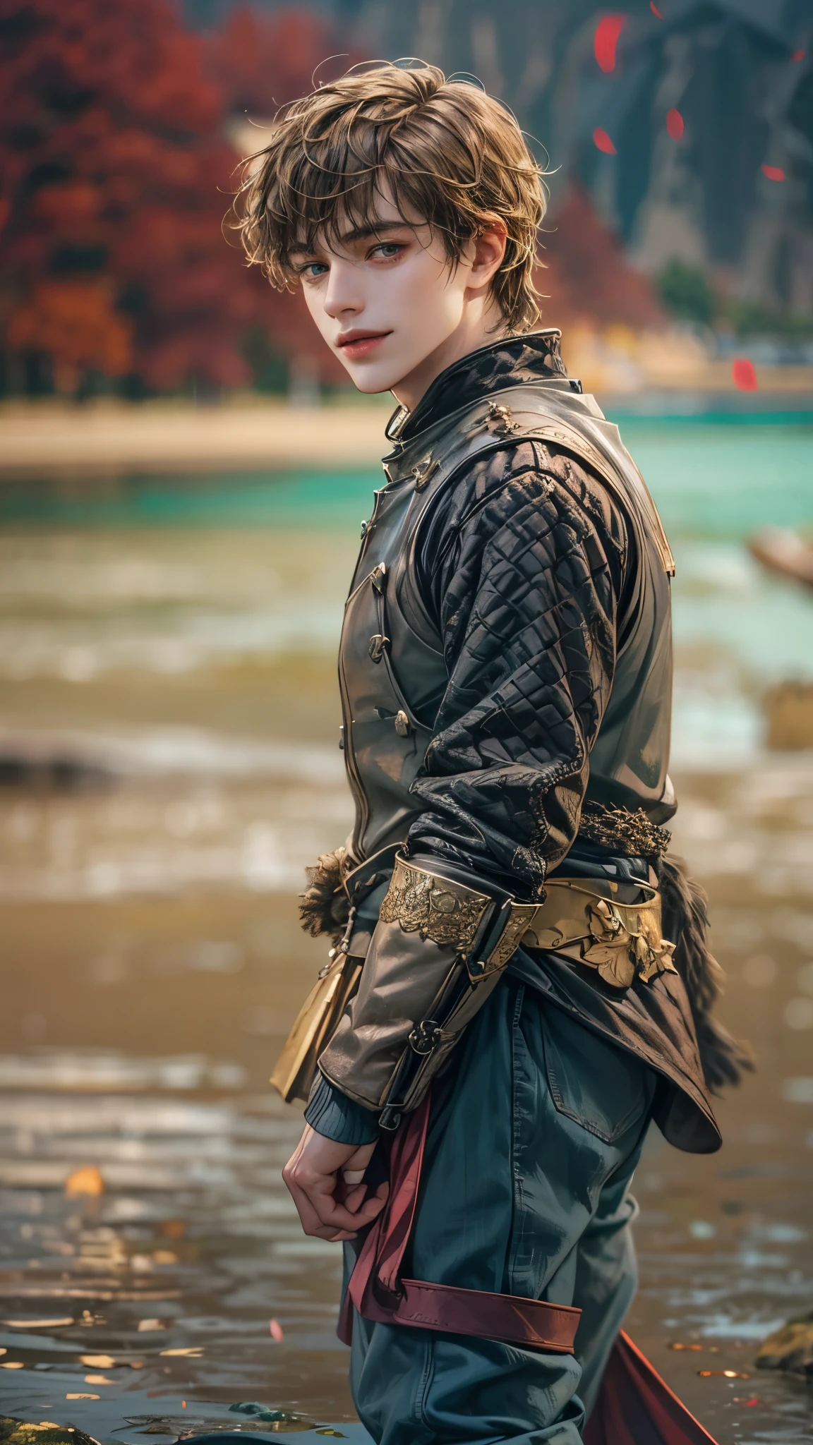 Portrait of the highest quality - 1 boy., , teenage, character from game of thrones, short hair, with golden strands, azure blue big eyes, lake, Solo-focal facial treatment for teenagers, shirtless , Beautiful, smiling, dynamic pose, detailed and correct facial structure, perfect face, extremely detailed, Dynamic angle, cowboy shot, The Most Beautiful Shape, elegant, Bright colors, romanticism, atmospheric. Bright, contrasting colors ! photo portrait of a handsome boy in the highest quality