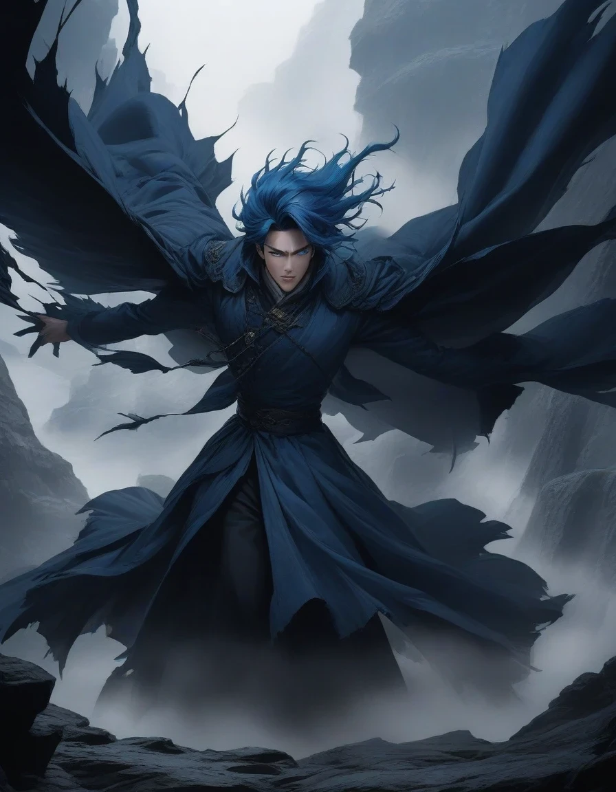 （Close-up of an anime character boss with blue hair and blue eyes standing on a cliff） ,Slash demons and remove demons，handsome guy, wearing blue clothing，Flying clothes，Strong wind，Dense fog，blue ark night,  Fine details blue theme，