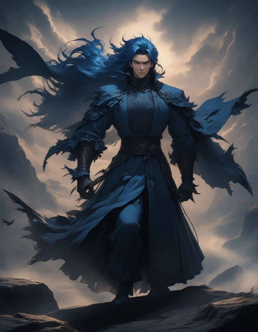 （Close-up of an anime character boss with blue hair and blue eyes standing on a cliff） ,Slash demons and remove demons，handsome guy, wearing blue clothing，Flying clothes，Strong wind，Dense fog，blue ark night,  Fine details blue theme，