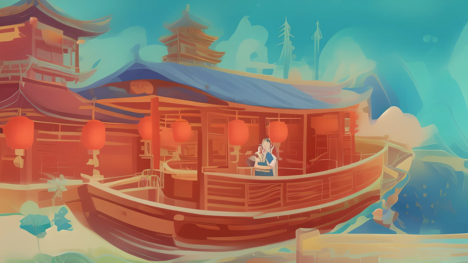 Coloring page of Chinese themed ship, 2 d game line art behavior hd, 2d game line art behavior hd, stylized lines, clean lines, Line work concept art, detailed line art, line art behavior hd, Inspired by Tawaraya Sotatsu, Animation city line drawing, line art, Very detailed lines