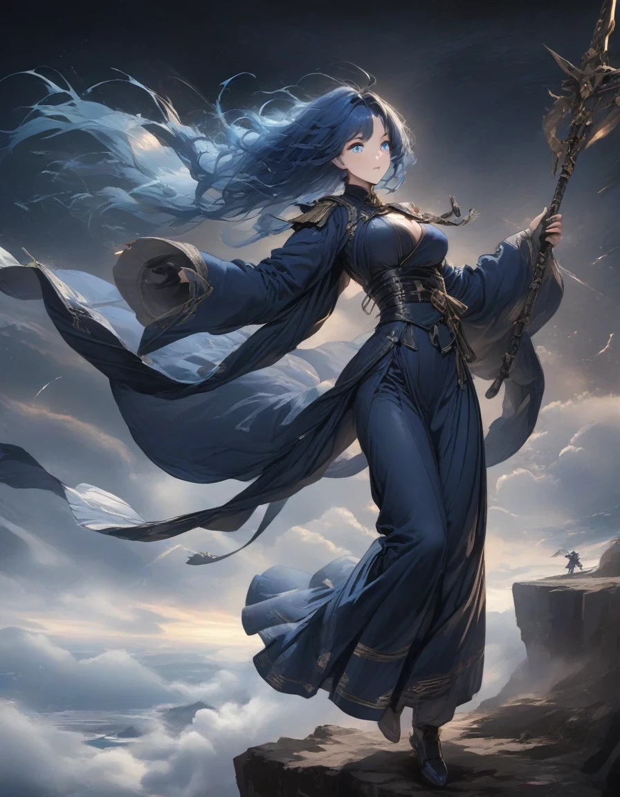 （An anime character with blue hair and blue eyes sits on a cliff） ,Handsome guy in the art of slaying demons, wearing blue clothing，Flying clothes，Strong wind，Dense fog，blue ark night,  fine details., Azure Lane style, blue theme，