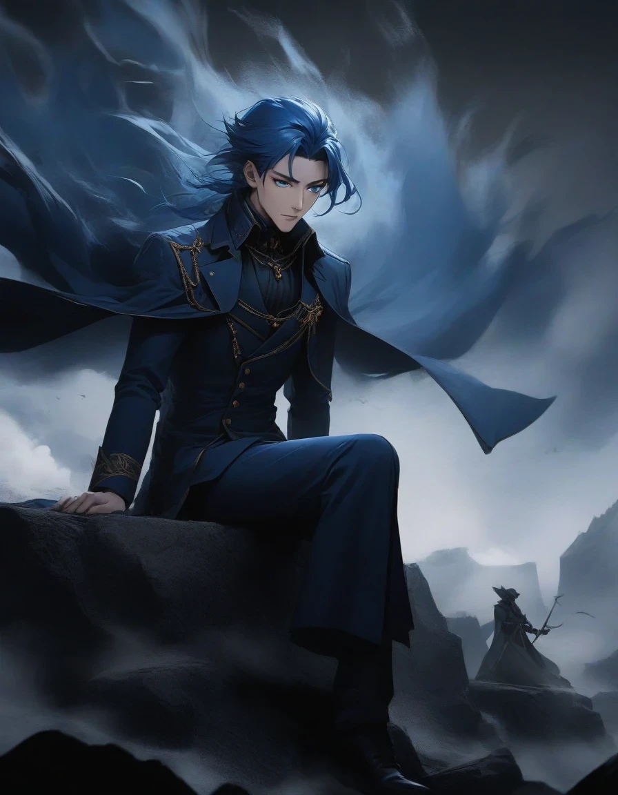 （A close-up of an anime character domineering president with blue hair and blue eyes sitting on a cliff） ,Slash demons and remove demons，handsome guy, wearing blue clothing，Flying clothes，Strong wind，Dense fog，blue ark night,  Fine details blue theme，