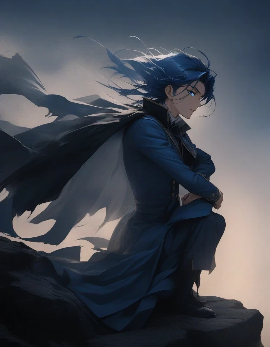 （A close-up of an anime character domineering president with blue hair and blue eyes sitting on a cliff） ,Slash demons and remove demons，handsome guy, wearing blue clothing，Flying clothes，Strong wind，Dense fog，blue ark night,  Fine details blue theme，