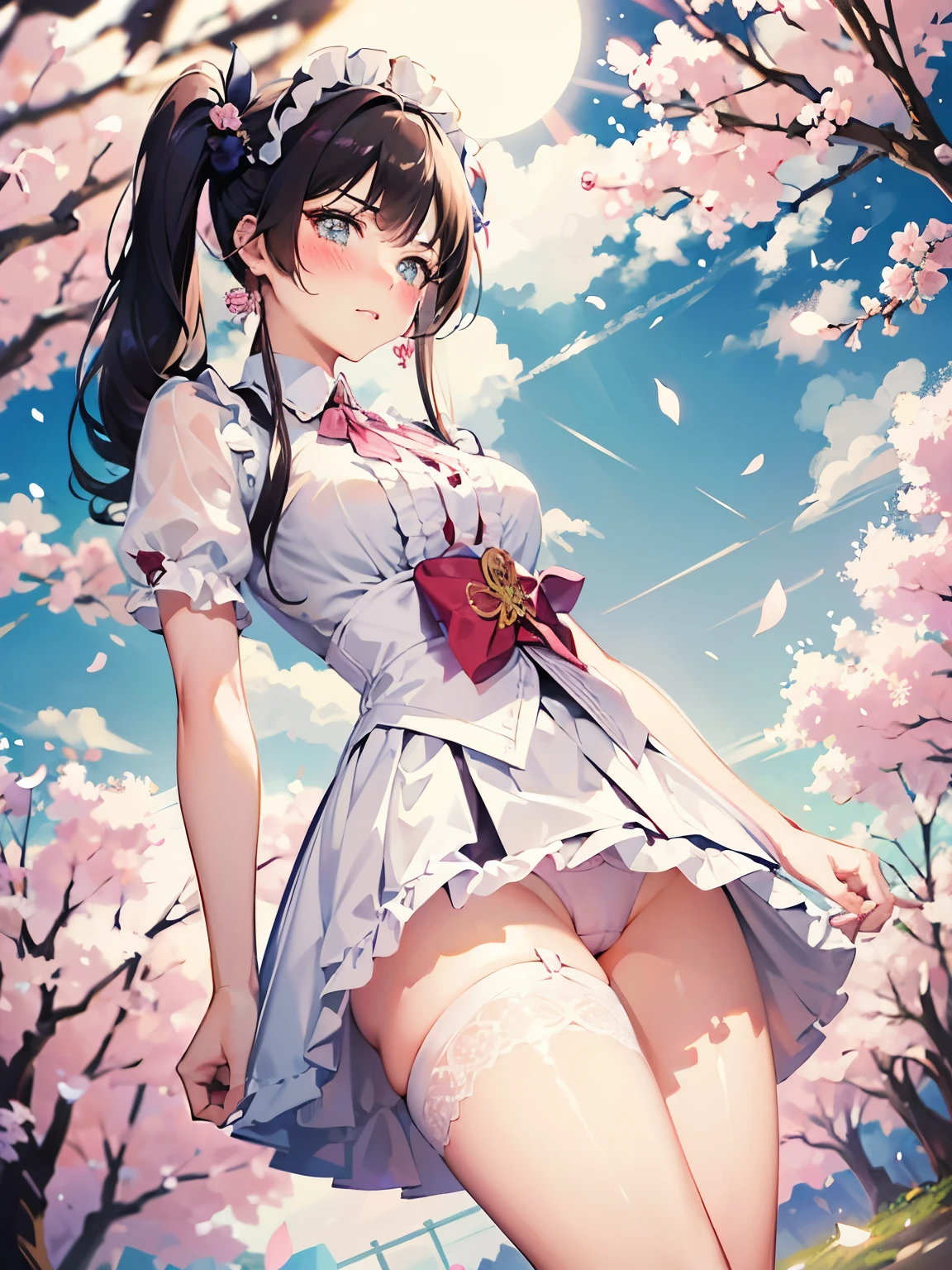 masterpiece，((highest quality))，8k wallpaper，precise expression，((very detailed explanation))，RAW photo.　　　　　　　　　　　　　　　　　　　　　　　　　　　　　　　　　　　　　　　　　((female 1))，20-year-old，super beauty，((Fine facial details))，perfect anatomy，correct anatomy，perfect face，perfect arms，，perfect fingers，perfect waist，perfect thighs，twin tails，beautiful black hair，view audience，Camera flash reflected in the eyes，((angry:1.1))，((embarrassing:1.1)),((Very detailed depiction of facial parts))，((blush:1.5))，Wear a white blouse with frills on the collar，wearing a purple corset，maid cosplay，white miniskirt with white frills，((lift the hem of the skirt))，(Show off your panties to your audience),((showing off pink lace panties))，white stockings，((75 degree angle from bottom))，close up shot，japanese model.　　　　　　　　　　　　　　　　　　　　　　　　　　　　　　　　The background is a cherry tree，spring，noon，The wind is blowing，Many cherry blossom petals flutter，wonderful.