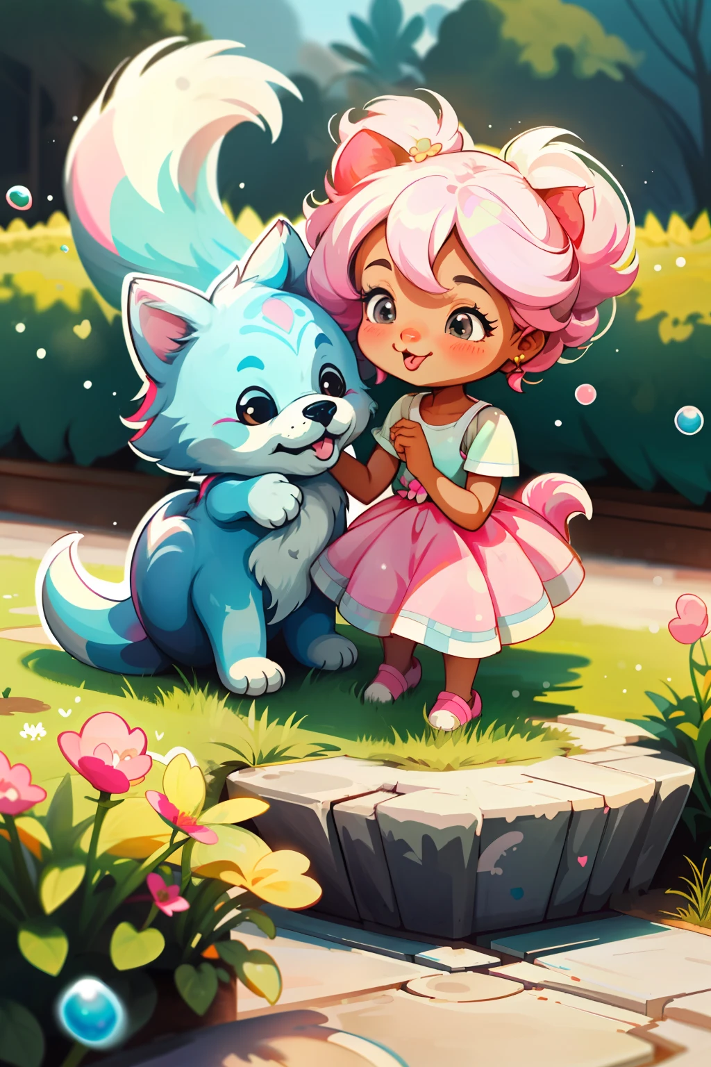 Adorable chibi dark-skinned female, clad in a pristine white and pink dress, frolics at the bubble park with her beloved grey puppy. The joyful girlPlayfully reaches out, her tiny hand pressed against the bubble's surface, creating a delightful contrast against the playful, pastel bubbles that encompass her. Tongue extended in laughter, she gazes at her canine companion who joyfully barks, tail wagging in harmony. The sun casts warm rays on their scene, the tranquility of the moment encapsulated by the playful sticker art.