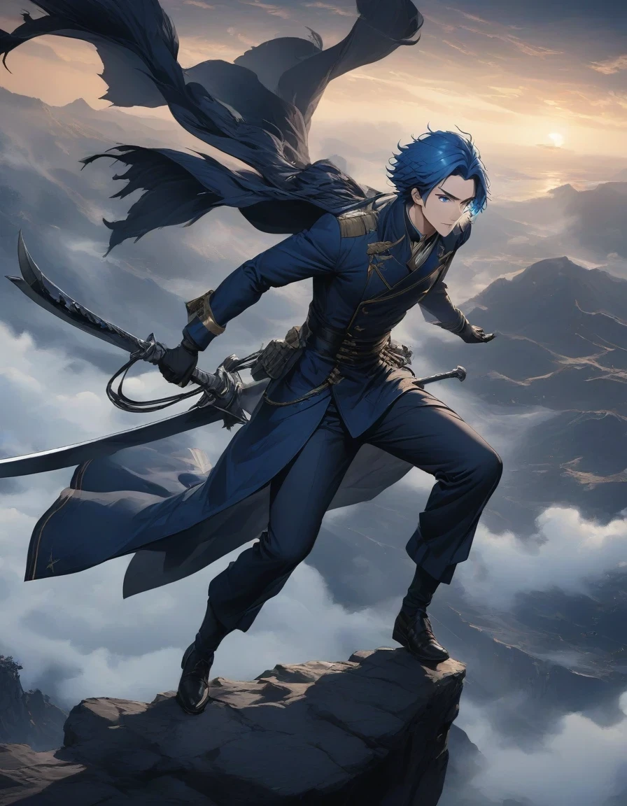 （An anime character with blue hair and blue eyes sits on a cliff） ,Handsome guy in the art of slaying demons, wearing blue clothing，Flying clothes，Strong wind，Dense fog，blue ark night,  fine details., Azure Lane style, blue theme，