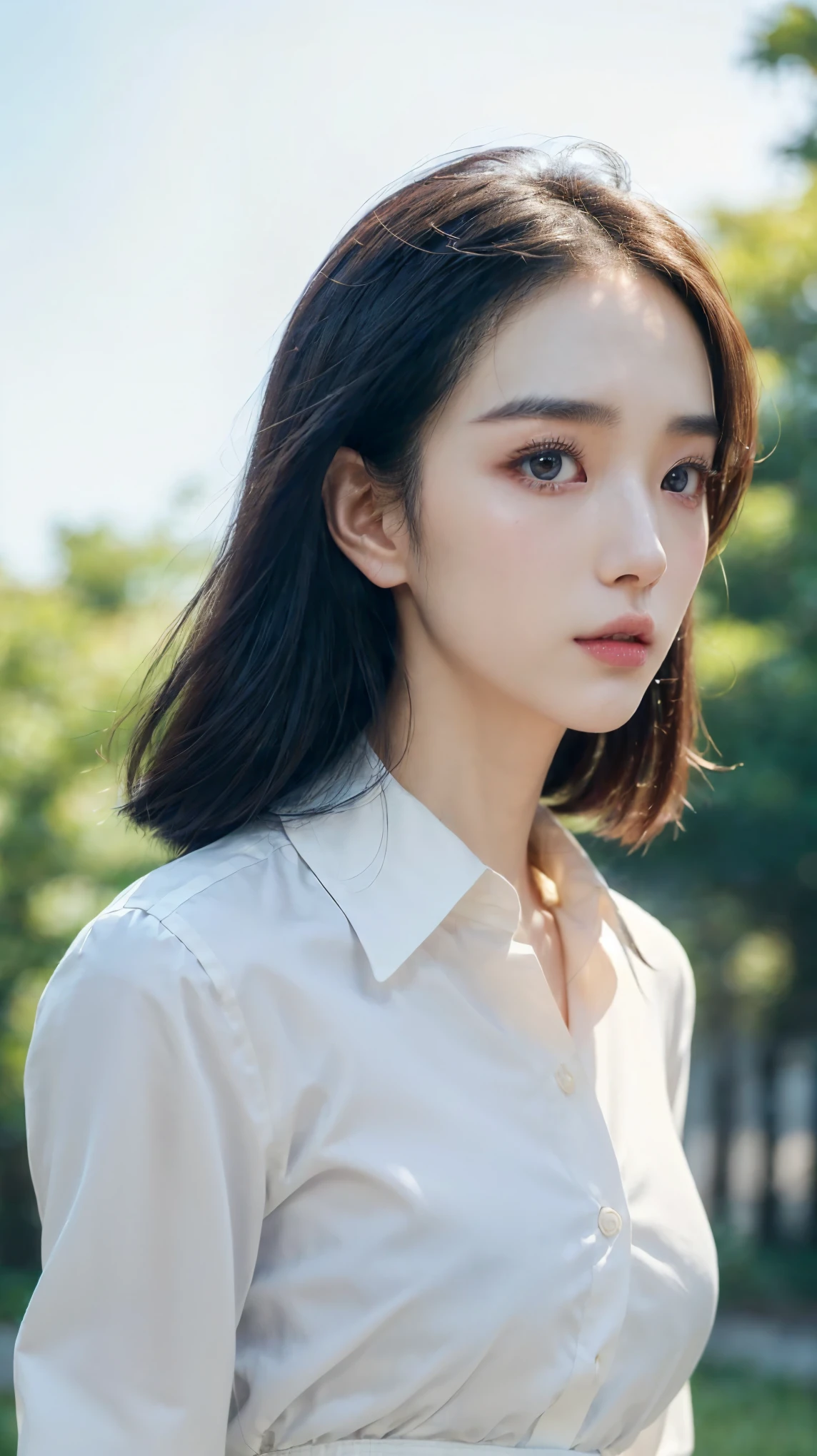 (((25 years old korean girl with white collared long shirt, black underwear))), ((hazel eyes color, pale skin, bright skin, flawless skin)), (((perfect ideal body, slim waist, wide hips, perfect 38C breasts))), (((lust expression))), ((medium short hair and ears visible)), (((ultra realistic, ultra fine details, realistic person, HDR10+, Dolby Vision, golden ratio))), from front, (((korean unique face, long face shape, wide forehead visible))), ((closeup body)), standing, ((dramatical, cinematic))), ((outdoor background)).