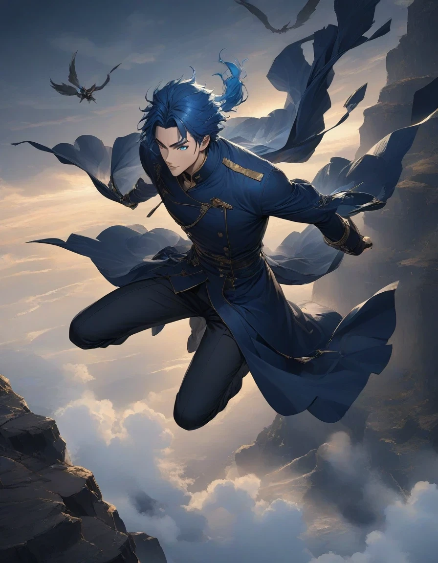 （An anime character with blue hair and blue eyes sits on a cliff） ,Handsome guy in the art of slaying demons, wearing blue clothing，Flying clothes，Strong wind，Dense fog，blue ark night,  fine details., Azure Lane style, blue theme，