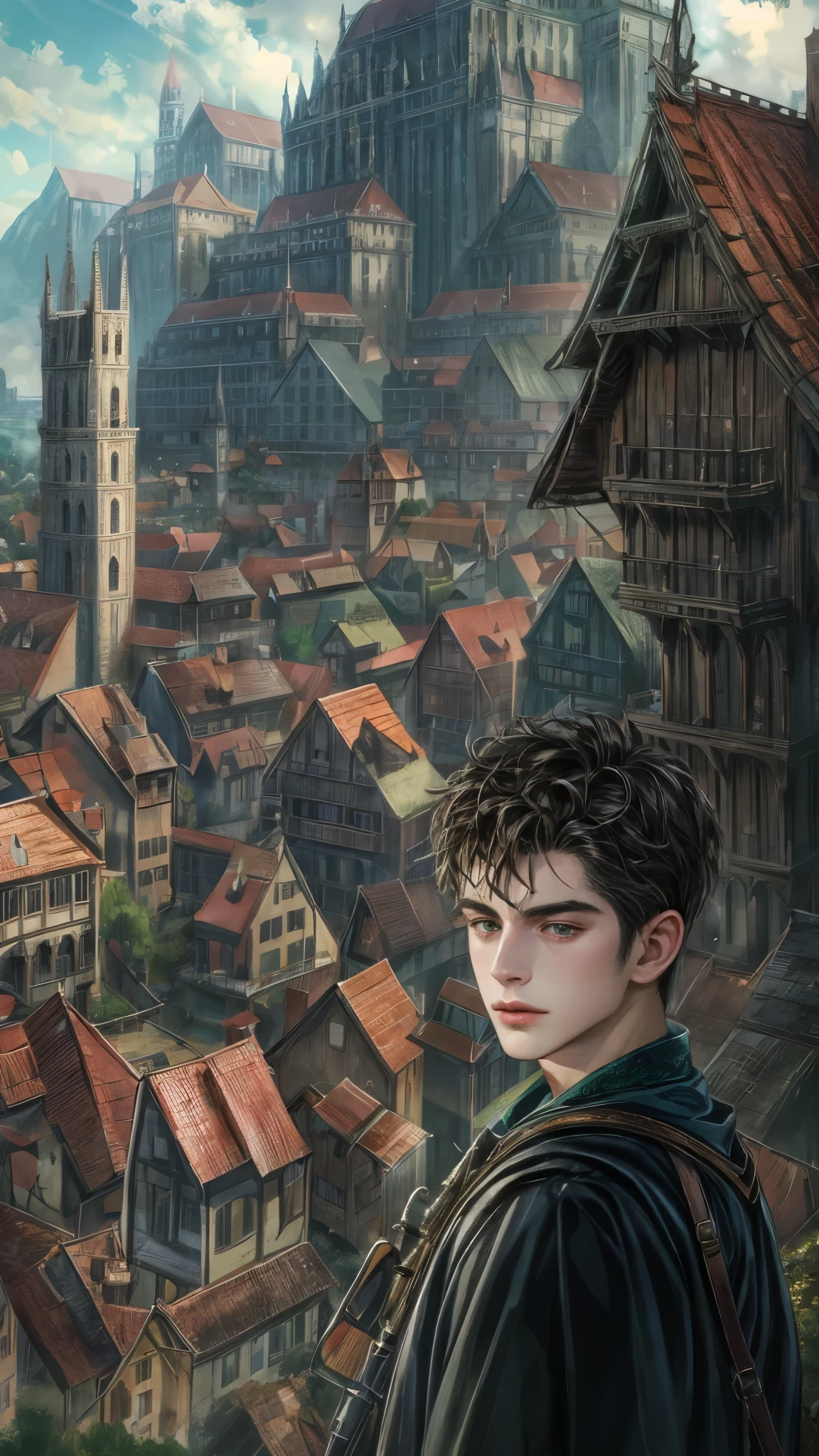 (absurdres, highres, ultra detailed, HDR), masterpiece, best quality, portrait of a young boy character from "Maleficent", a male hero in a detailed scenery town, detailed background scenery
