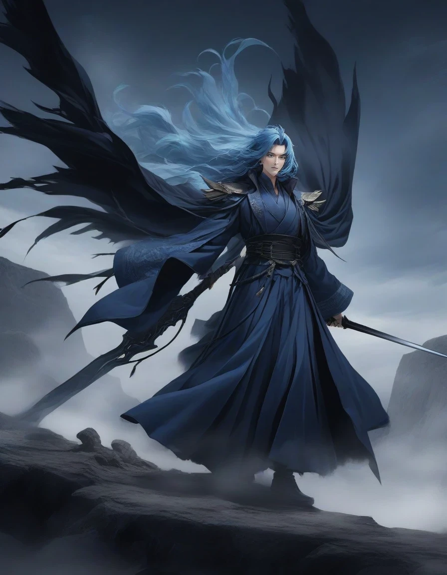 （An anime character with blue hair and blue eyes sits on a cliff） ,Handsome guy in the art of slaying demons, wearing blue clothing，Flying clothes，Strong wind，Dense fog，blue ark night,  fine details., Azure Lane style, blue theme，