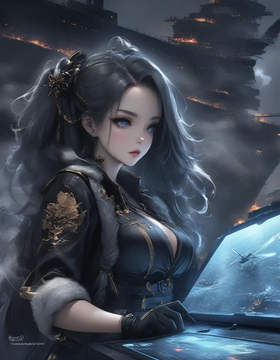 Close-up of Shangri-La, a girl alone, making a battle plan，video game《Azur route》role in, Ark Night,   Azure Lane style, aircraft carrier girl，The strongest hero，Military temperament，background aircraft carrier，flue gas，lightning，blue theme，fine details.,