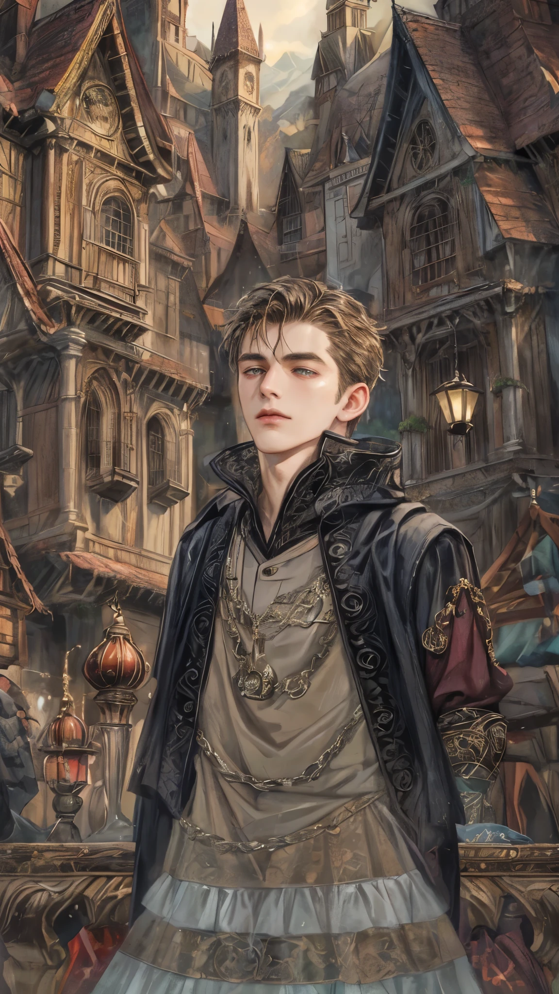 (absurdres, highres, ultra detailed, HDR), masterpiece, best quality, portrait of a young boy character from "Maleficent", a male hero in a detailed scenery town, detailed background scenery 