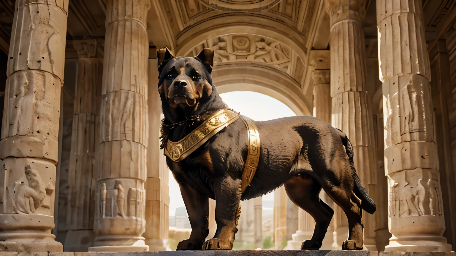 a rottweiler in ancient Greece,sculpted in marble,the rottweiler guarding a temple in ancient Greece,beautifully detailed muscles and fur,statuesque,golden sunlight,classic Greek architecture,subtle warm color tones,dramatic lighting,imposing presence,stoic and regal expression,solid and powerful build,graceful curves and lines,authentic historical detail,detailed chiseled features,strong and sturdy paws,sharp and alert ears,breathtakingly realistic texture,impressive craftsmanship,marvelous attention to detail,timeless masterpiece,awe-inspiring,beacon of strength and loyalty,fascinating fusion of two ancient worlds,an emblem of ancient Greece's rich history。