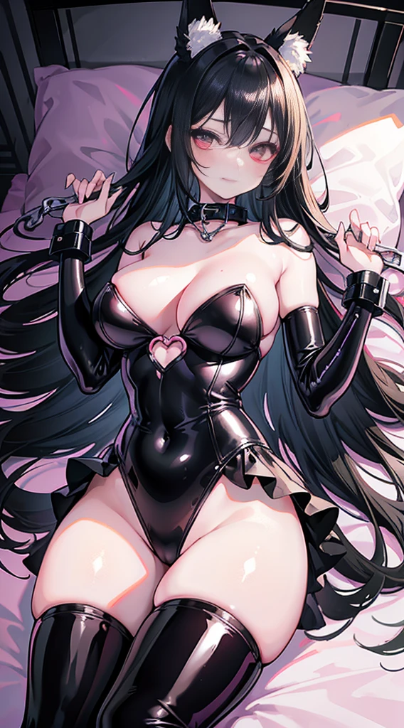 high quality, masterpiece, super detailed, 1 girl,  extremely detailed faces, Wedding dress，White latex bunny girl，White fishnet stockings，handcuffs，collar，Calm expression,Smile，handcuffs，collar，long black hair, charming pink eyes, fox ears, Ridiculously big, shiny skin, Outdoor sports, garden, Medieval western town, 