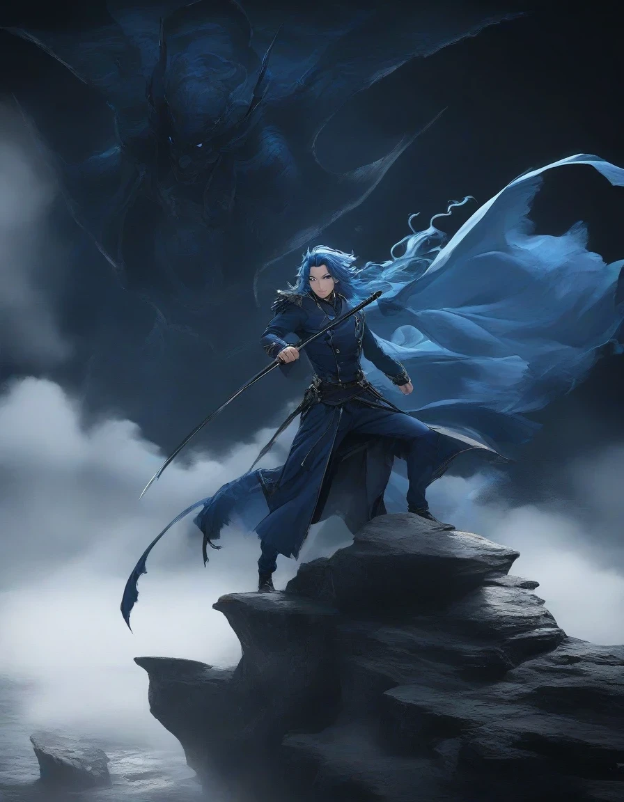 （An anime character with blue hair and blue eyes sits on a cliff） ,Handsome guy in the art of slaying demons, wearing blue clothing，Flying clothes，Strong wind，Dense fog，blue ark night,  fine details., Azure Lane style, blue theme，