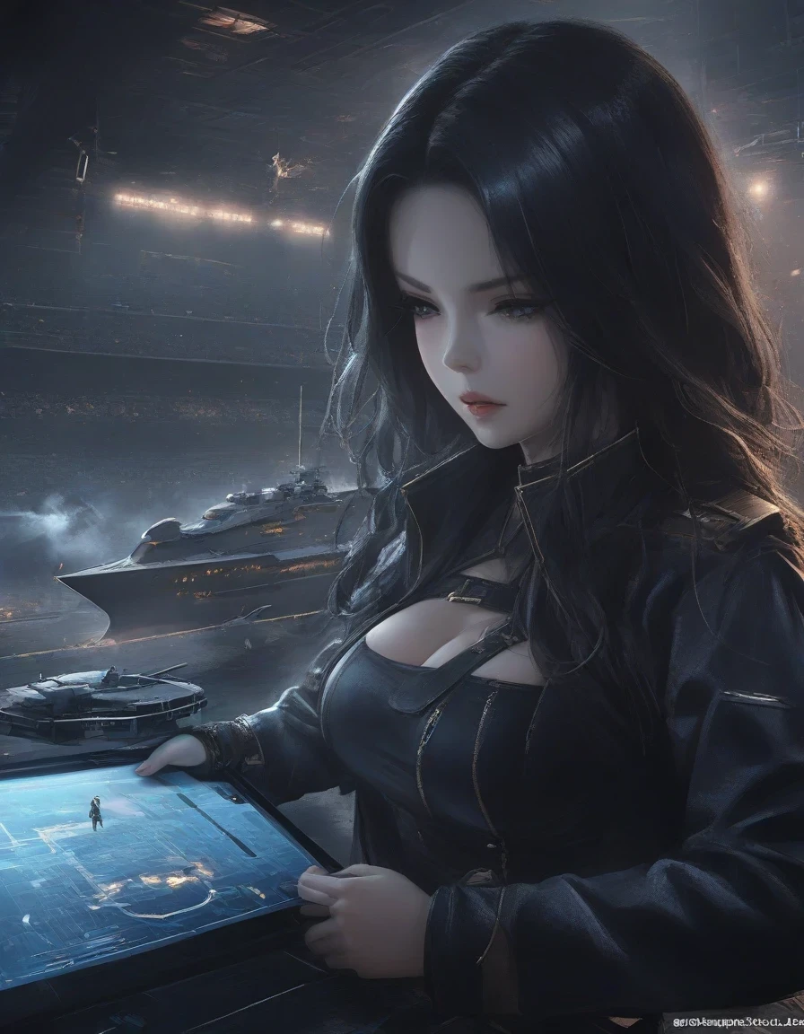 Close-up of Shangri-La, a girl alone, making a battle plan，video game《Azur route》role in, Ark Night,   Azure Lane style, aircraft carrier girl，The strongest hero，Military temperament，background aircraft carrier，flue gas，lightning，blue theme，fine details.,