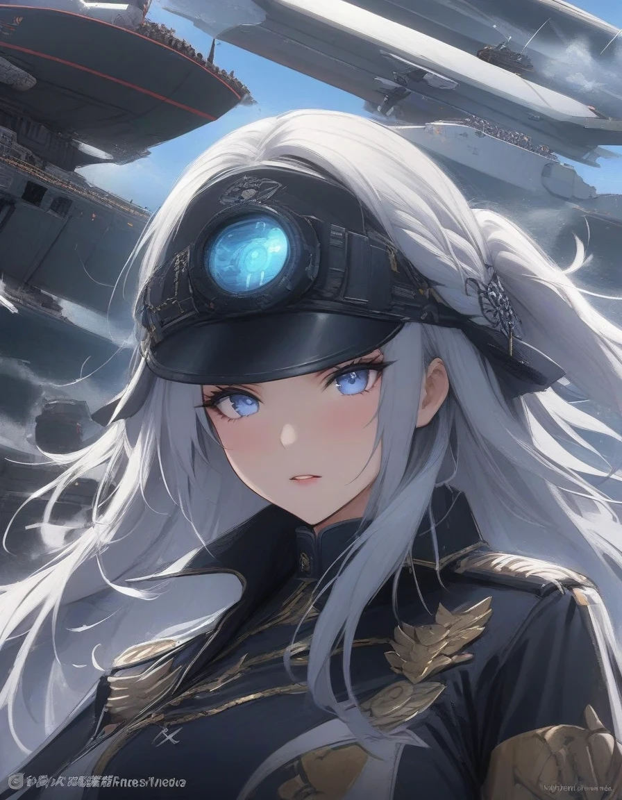 Close-up of Shangri-La, a girl alone, making a battle plan,video game《Azur route》role in, ,,Ark Night, fine details., Azure Lane style, aircraft carrier girl,The strongest hero,Military temperament,background aircraft carrier,flue gas,lightning,blue theme,