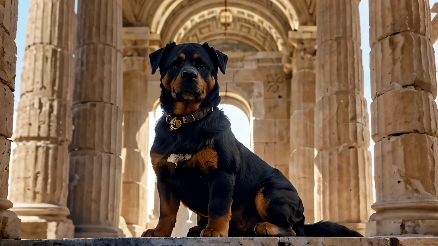 a rottweiler in ancient Greece,sculpted in marble,the rottweiler guarding a temple in ancient Greece,beautifully detailed muscles and fur,statuesque,golden sunlight,classic Greek architecture,subtle warm color tones,dramatic lighting,imposing presence,stoic and regal expression,solid and powerful build,graceful curves and lines,authentic historical detail,detailed chiseled features,strong and sturdy paws,sharp and alert ears,breathtakingly realistic texture,impressive craftsmanship,marvelous attention to detail,timeless masterpiece,awe-inspiring,beacon of strength and loyalty,fascinating fusion of two ancient worlds,an emblem of ancient Greece's rich history。