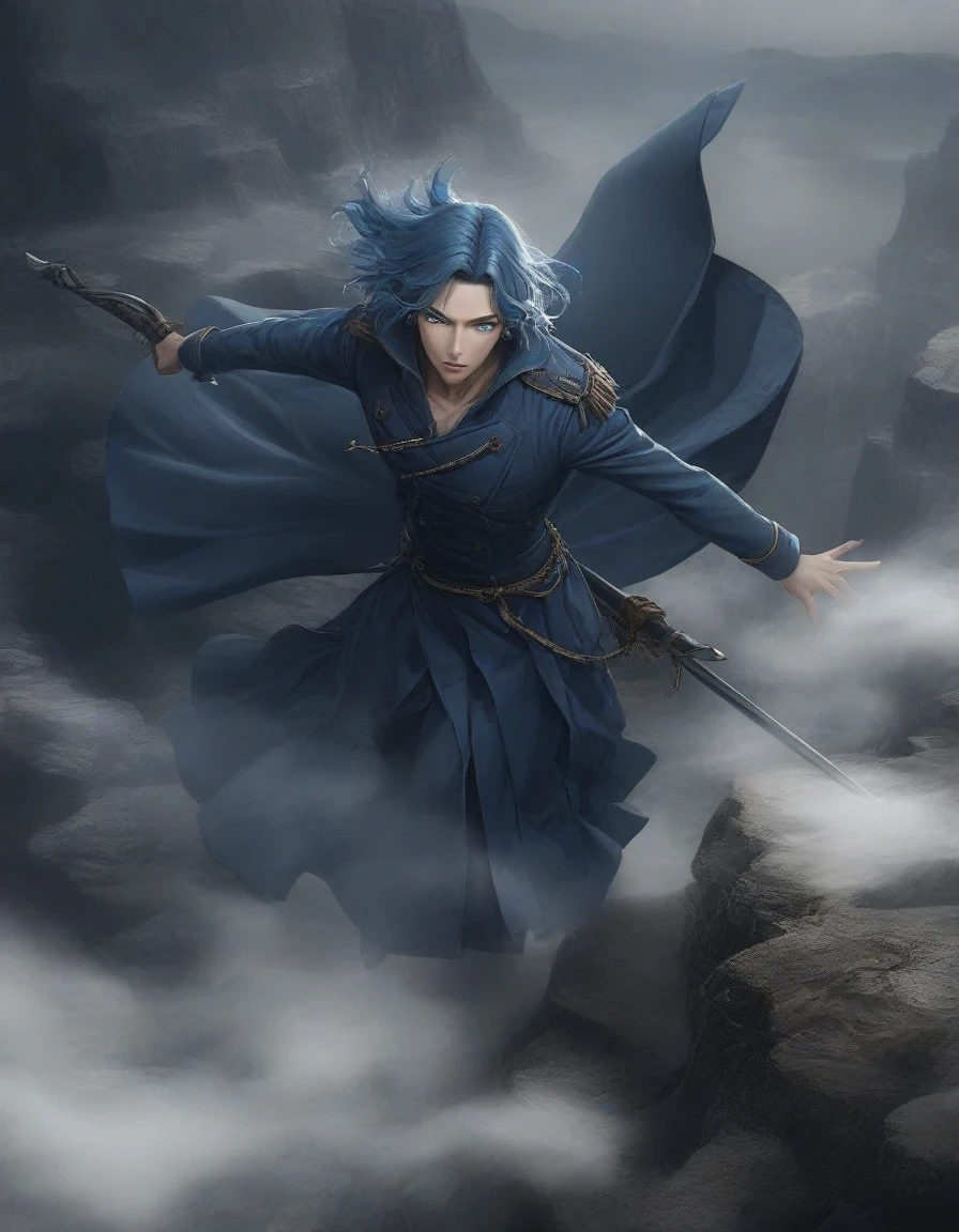 （An anime character with blue hair and blue eyes sits on a cliff） ,Handsome guy in the art of slaying demons, wearing blue clothing，Flying clothes，Strong wind，Dense fog，blue ark night,  fine details., Azure Lane style, blue theme，