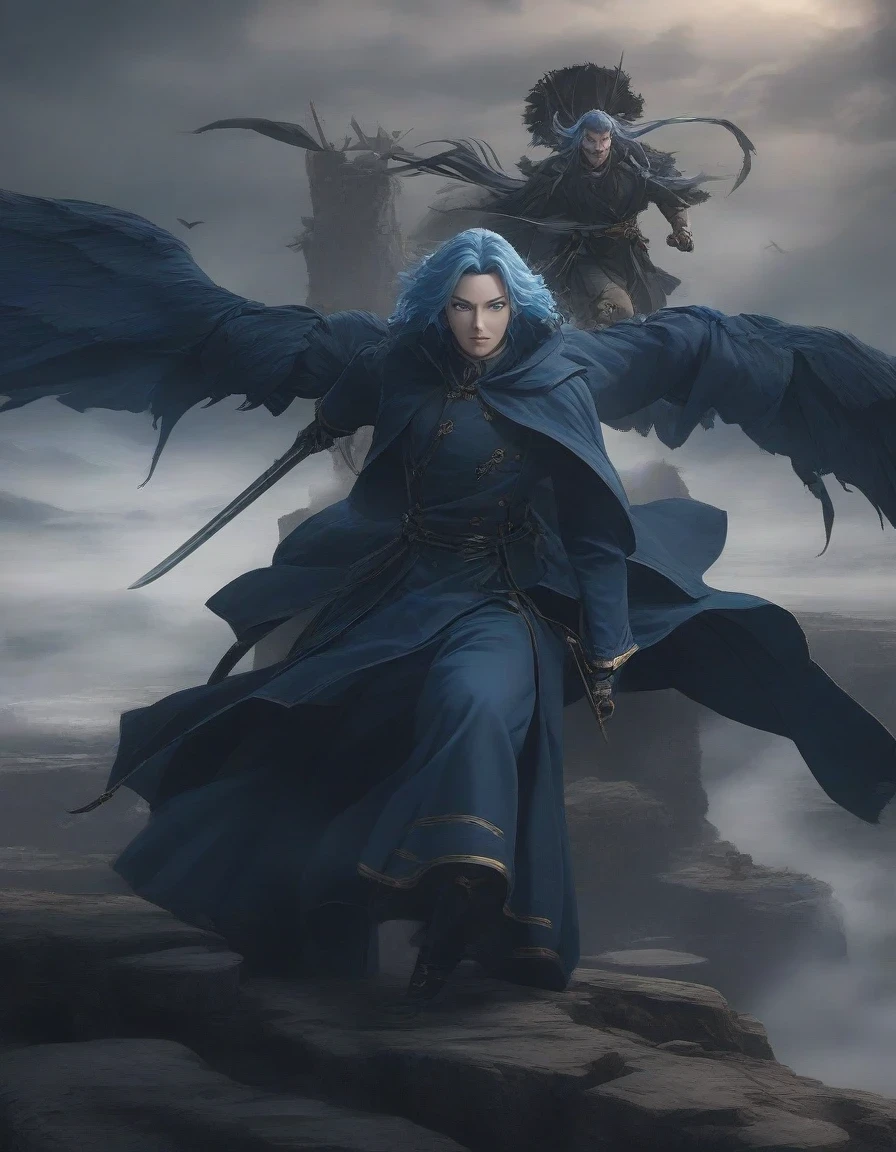 （An anime character with blue hair and blue eyes sits on a cliff） ,Handsome guy in the art of slaying demons, wearing blue clothing，Flying clothes，Strong wind，Dense fog，blue ark night,  fine details., Azure Lane style, blue theme，