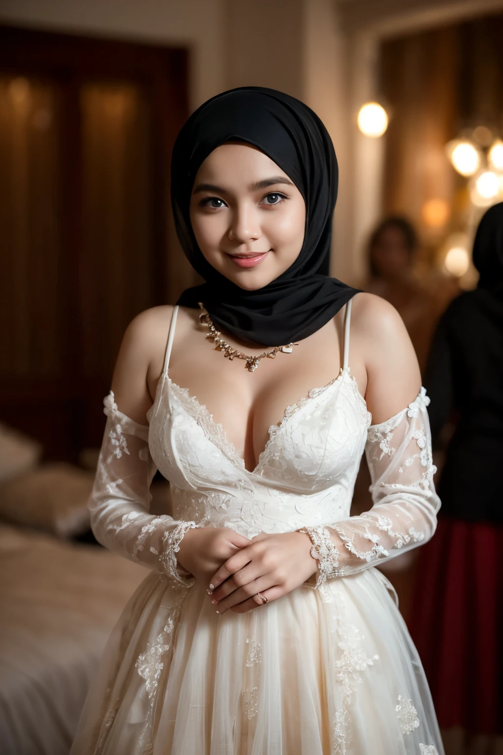 Beautiful, cute baby Face, ************ russian ****ta Girl, blue eyes, (wearing hijab) and sexy long sleeves royal lace gown, Rounded small Breast, cleavage cutout, slightly Chubby , luxury necklace, White Skin, Smiling, bedroom, Dark room Background, mid shot, upper body, Perfect Potrait, Bokeh Effect, Look at Viewer, Armpit, Perfect Eye, Perfect Hand, Perfect Finger, Bracelet, Ring, small breast, open nreatst, breastout, ((adorable:1.2)), ((masterpiece:1.1)), ((bokeh:1.2)),