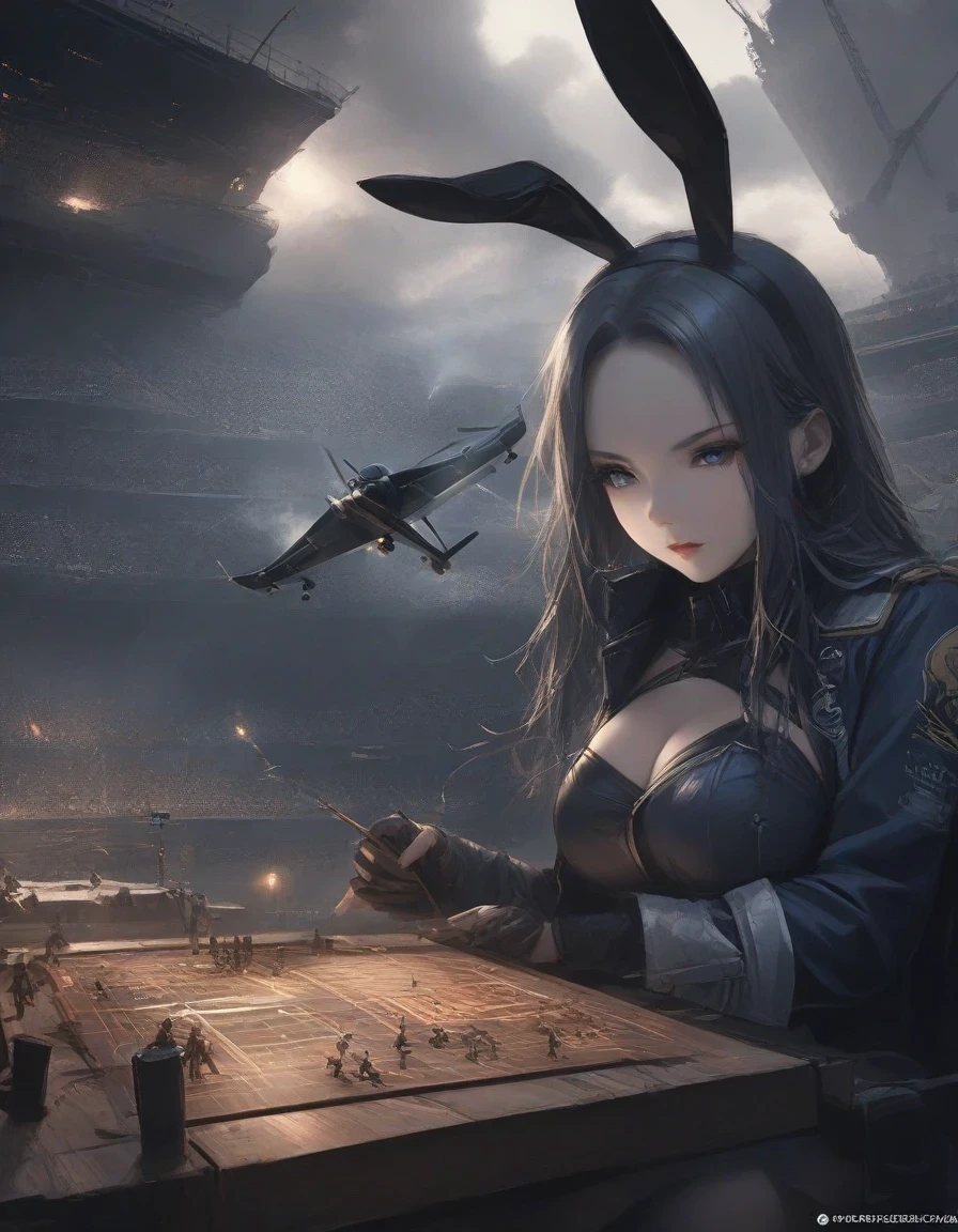 Close-up of Shangri-La, a girl alone, making a battle plan,  bunny ears，video game《Azur route》role in, ,，Ark Night,  fine details., Azure Lane style, aircraft carrier girl，The strongest hero，Military temperament，background aircraft carrier，flue gas，lightning，blue theme，