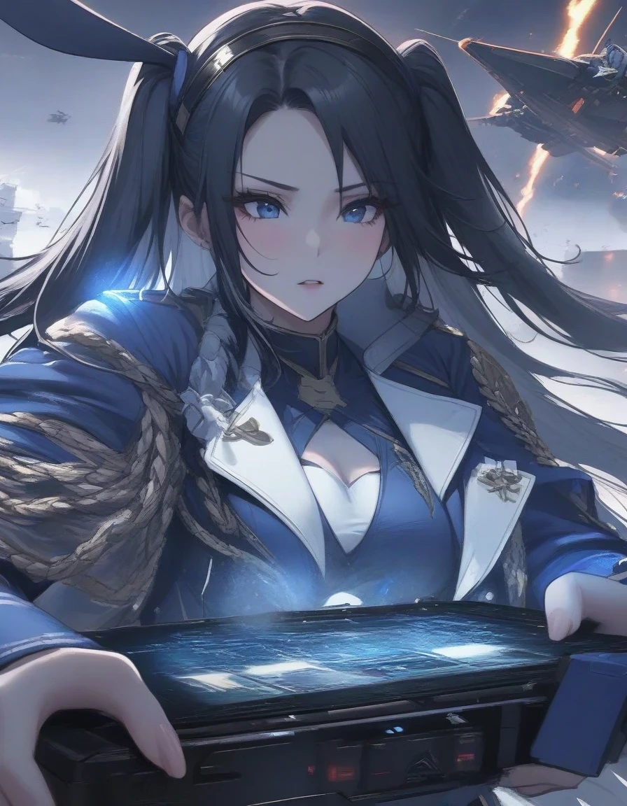 Close-up of Shangri-La, a girl alone, making a battle plan, bunny ears,video game《Azur route》role in, ,,Ark Night, fine details., Azure Lane style, aircraft carrier girl,The strongest hero,Military temperament,background aircraft carrier,flue gas,lightning,blue theme,