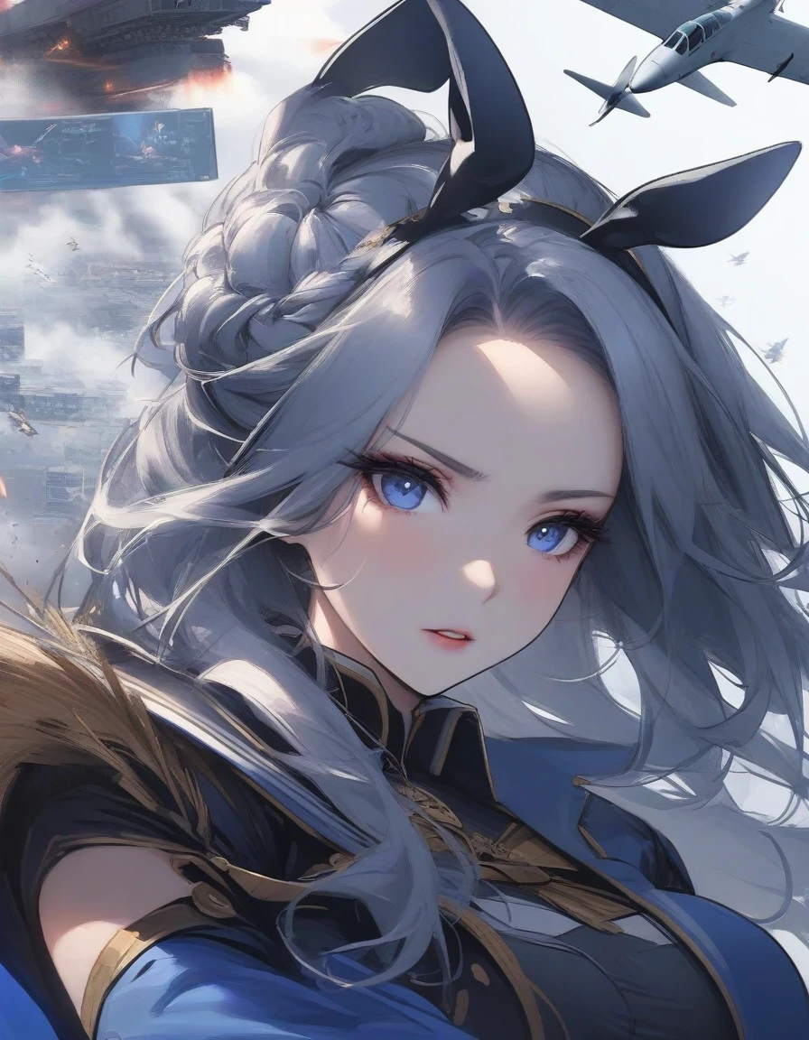 Close-up of Shangri-La, a girl alone, making a battle plan, bunny ears,video game《Azur route》role in, ,,Ark Night, fine details., Azure Lane style, aircraft carrier girl,The strongest hero,Military temperament,background aircraft carrier,flue gas,lightning,blue theme,