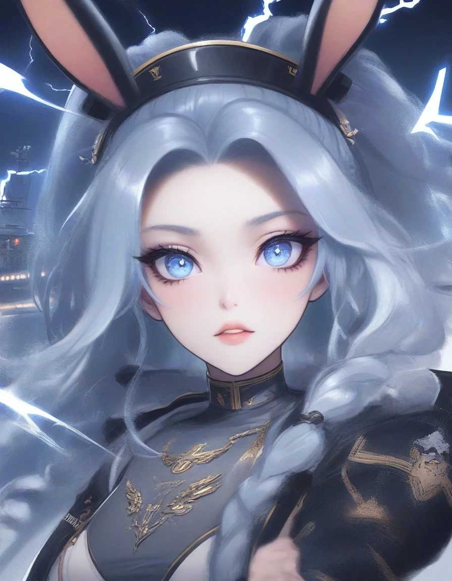 Close-up of Shangri-La, a girl alone, making a battle plan,  bunny ears，video game《Azur route》role in, Ark Night,  fine details., Azure Lane style, aircraft carrier girl，The strongest hero，Military temperament，background aircraft carrier，flue gas，lightning，blue theme，