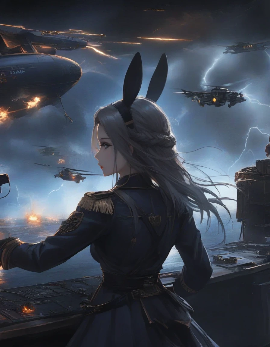 Close-up of Shangri-La, a girl alone, making a battle plan,  bunny ears，video game《Azur route》role in, ,，Ark Night,  fine details., Azure Lane style, aircraft carrier girl，The strongest hero，Military temperament，background aircraft carrier，flue gas，lightning，blue theme，