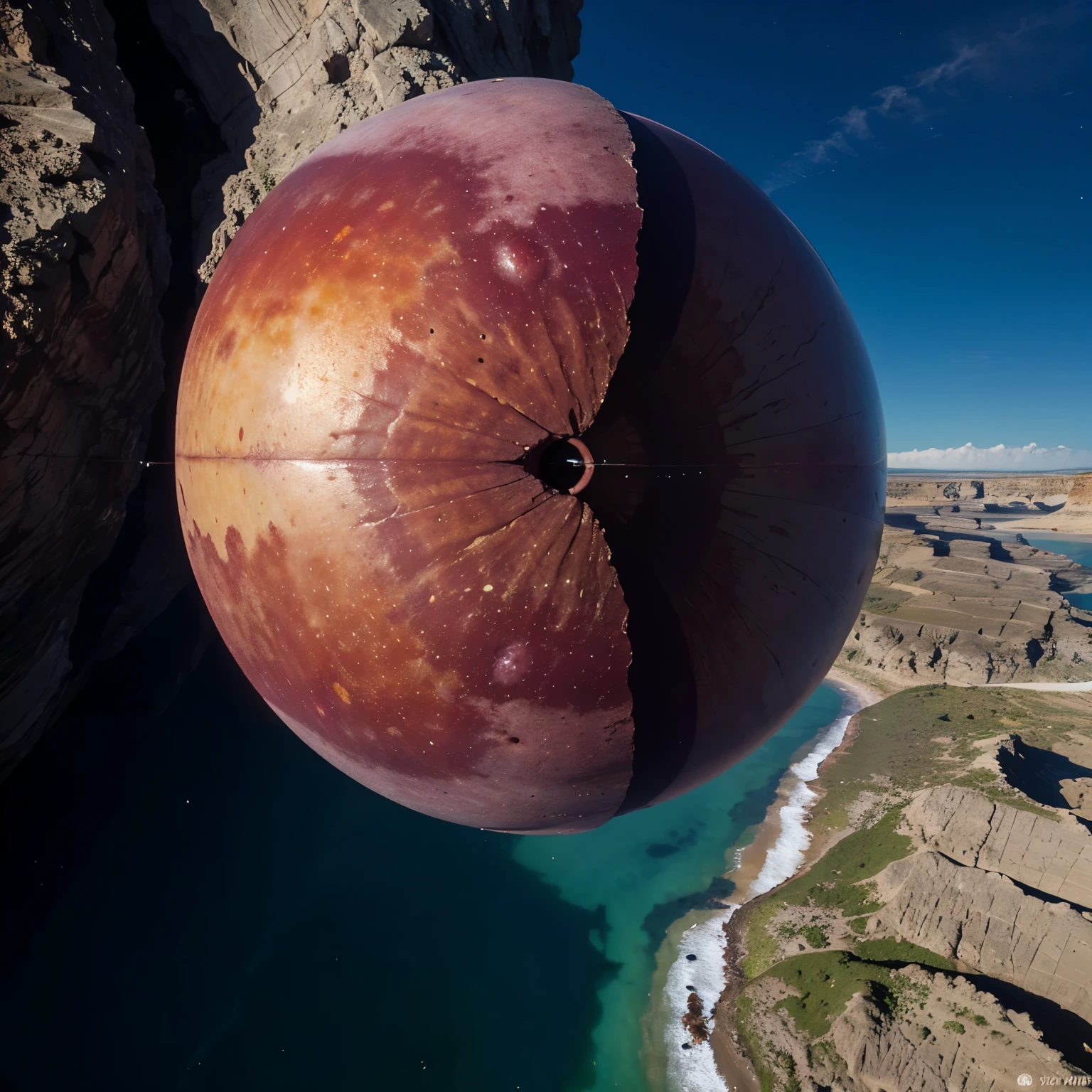 Make a photo of a split plum and pretend as if it were a planet showing where its core is, coast, mantle.