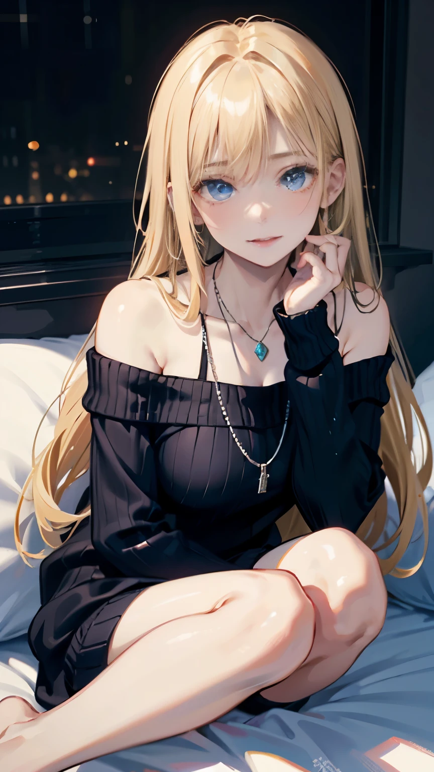 1 girl, 19 years old, extraordinary beauty、alone, Long blonde hair, Huge , looking at the viewer, silky blonde hair, bare shoulders, bright pale blue eyes, gem, full body, necklace, off shoulder, black sweater, realistic, sexy 8k、gross face、cheek gloss、small face beauty、